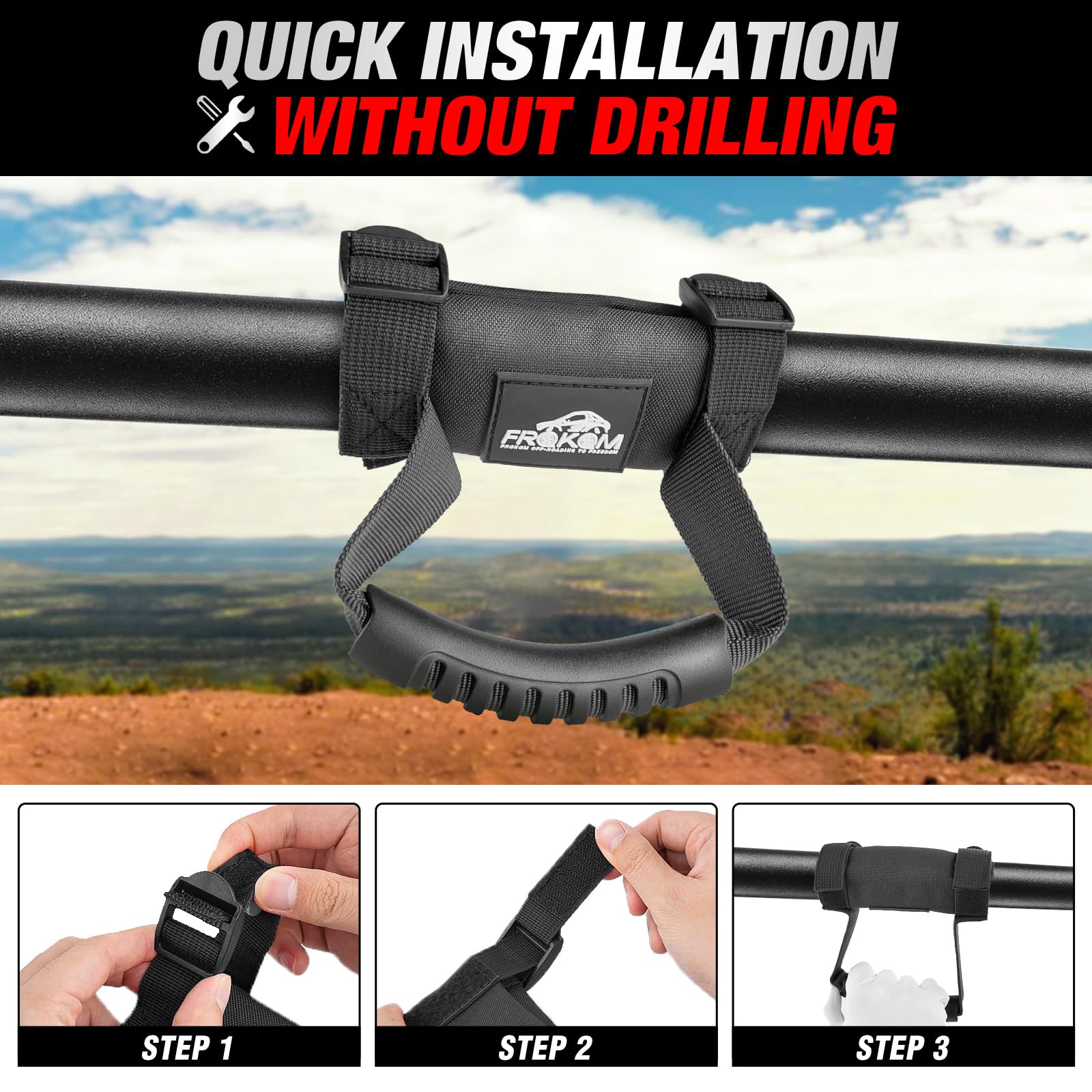 Frokom 1 PCS Black Roll Bar Grab Handles,UTV Grab Handles For 1.5 To 2" Roll Bar Cage Fit For Polaris RZR, Can Am X3, Kawasaki Mule Teryx, Honda