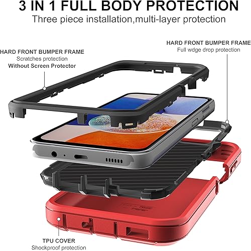 Miniatura 4 de Funda para Samsung Galaxy A14 5G, 3 en 1, protección resistente a prueba de golpes con 2 protectores de pantalla de vidrio templado, (rojonegro)
