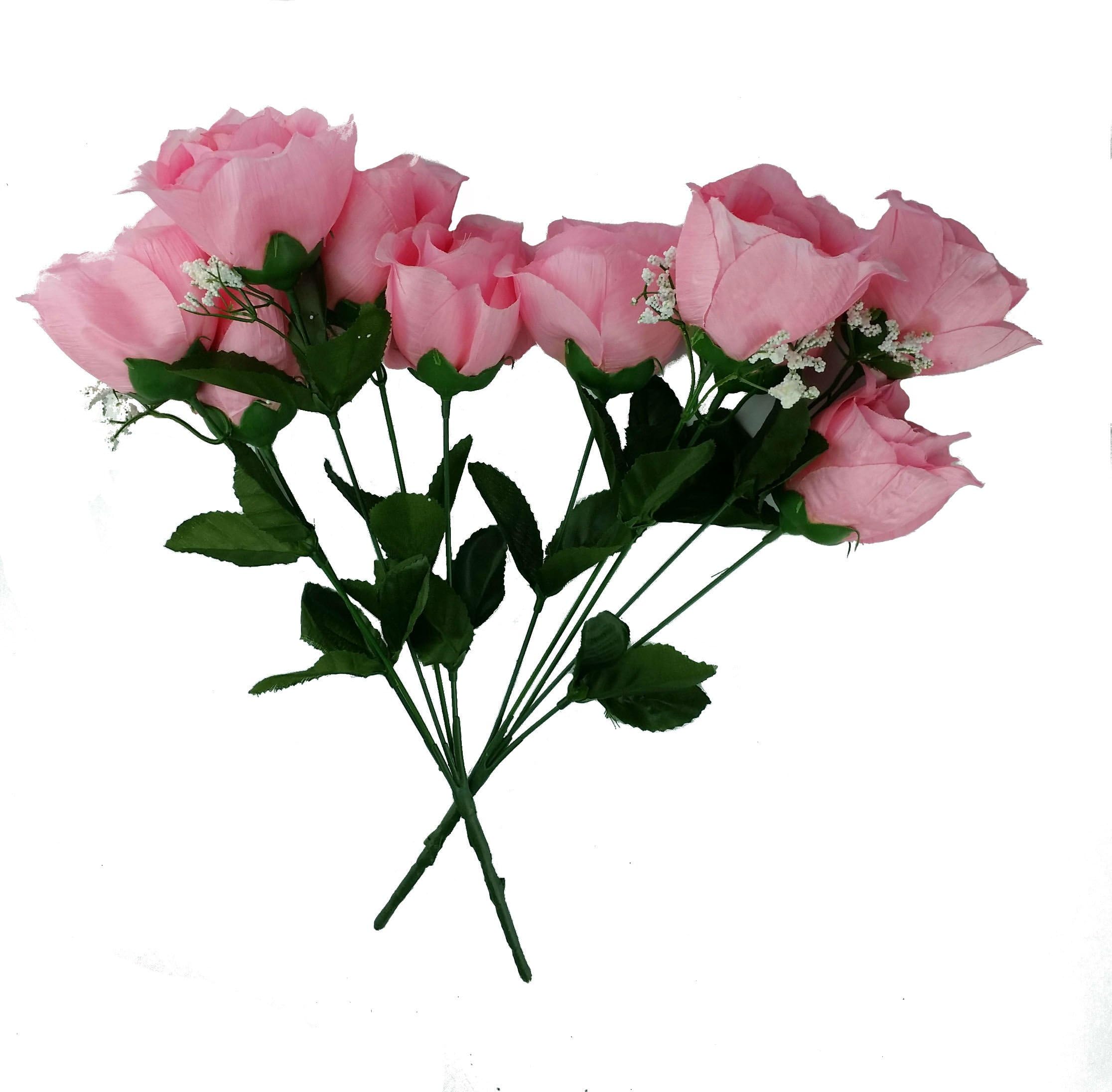 Artificial Bud Roses Bush: 5 stems Pack of 2 (Pink)
