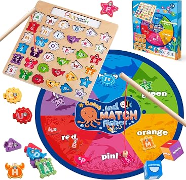 Plunack Alphabet Fishing Game - Wooden ABC Letter Puzzle for Toddlers 3-5 Years Old, Fine Motor Skills Toy, Birthday Gift for Kids