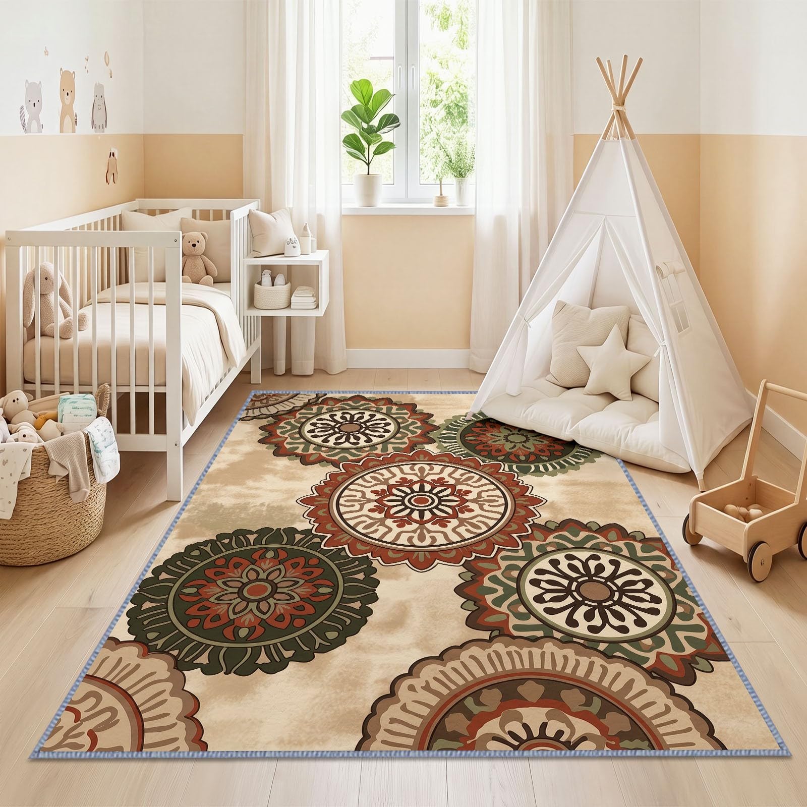 Tappeto geometrico mandala, per soggiorno, 120 x 170 cm, lavabile, decorativo, bohémien, effetto invecchiato, antiscivolo, morbido, a pelo basso, per camera da letto, sala da pranzo, ufficio, stanza