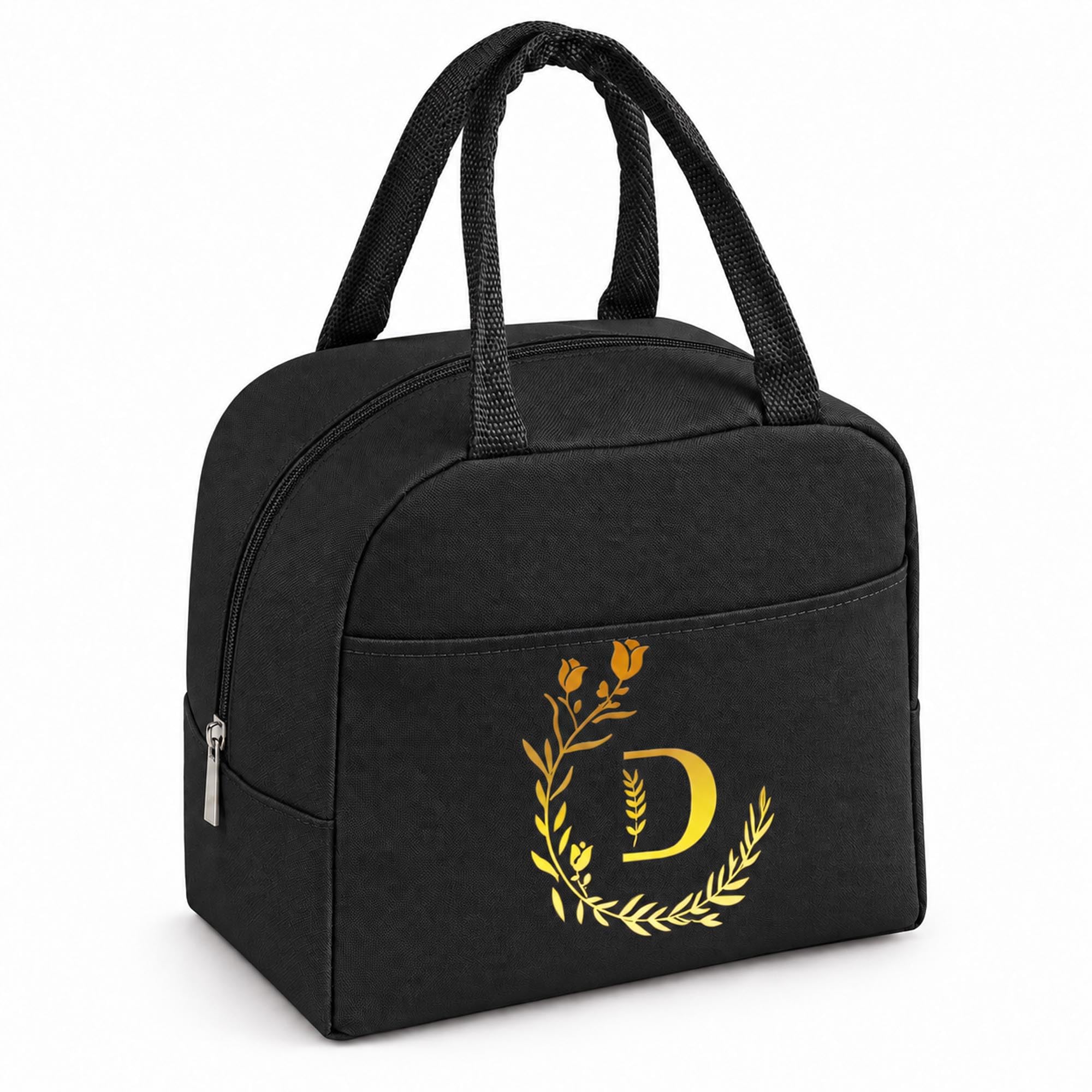 Personalized Black Initial Letters Insulated Lunch Bag for Women Men Kid-D
