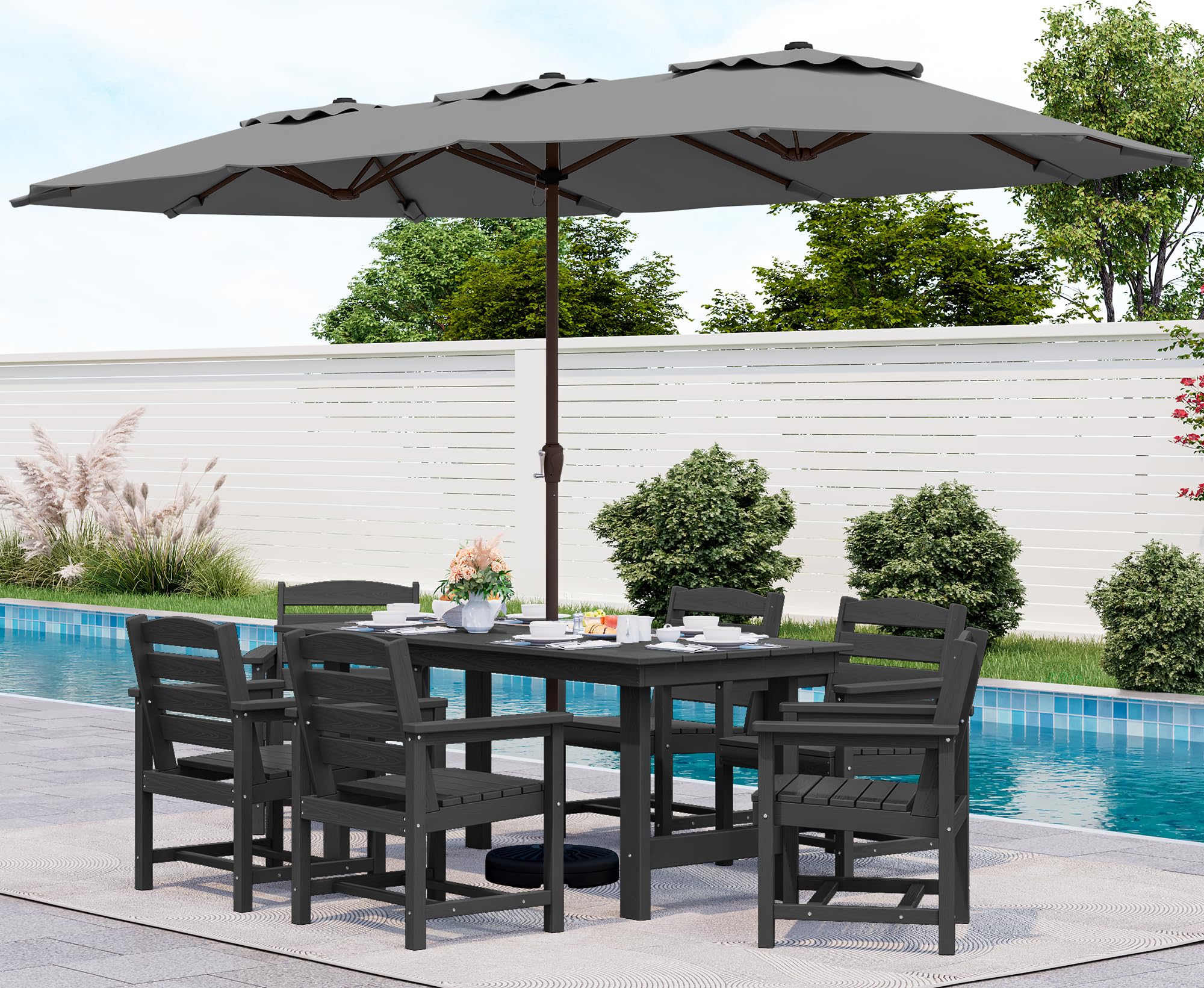 SERWALL 8-Pc HDPE Dining Set, 1 Table, 1 Umbrella &amp; 6 Chairs, Black | Patio Dining Set with Umbrella, 67"Rectangular Table &amp; 6 Chairs &amp; 15FT Umbrella, All Weather Dining Furniture