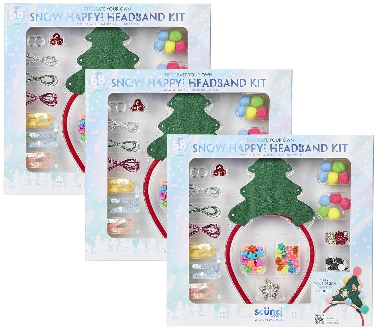 Conair Scunci Holiday DIY Christmas Headband Kit, Decorate Your Own Holiday Headband, Perfect for Families, Kids and Parties (Pack of 3)