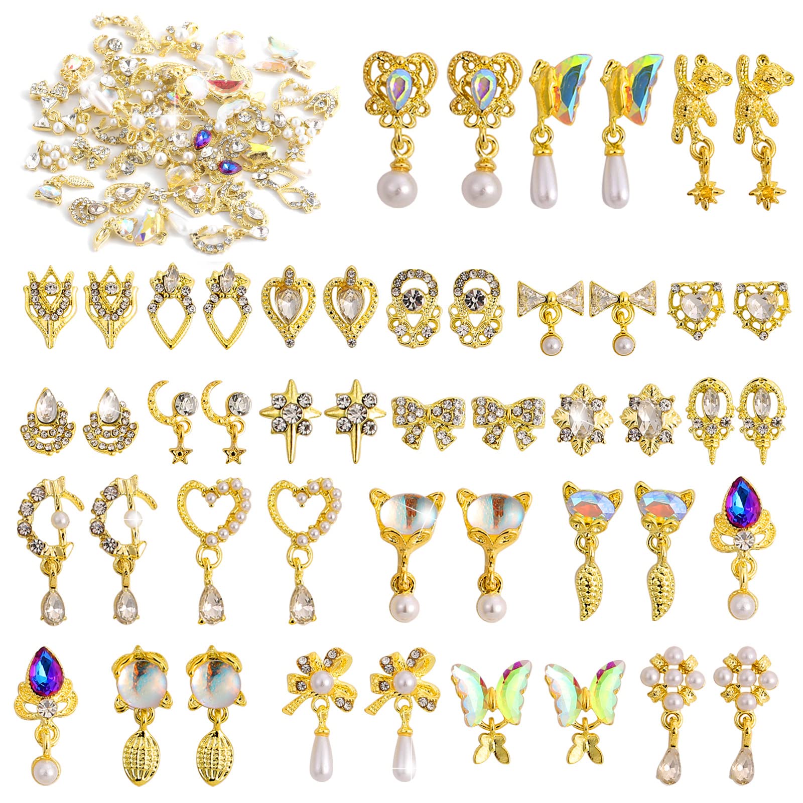 48 Pcs Dangle Charms Luxury Rhinestones for Nails - Heart Charms Gold Gems Crystal Metal Diamonds Stones for 3D Art Decoration Jewelry Making, 24 Styles