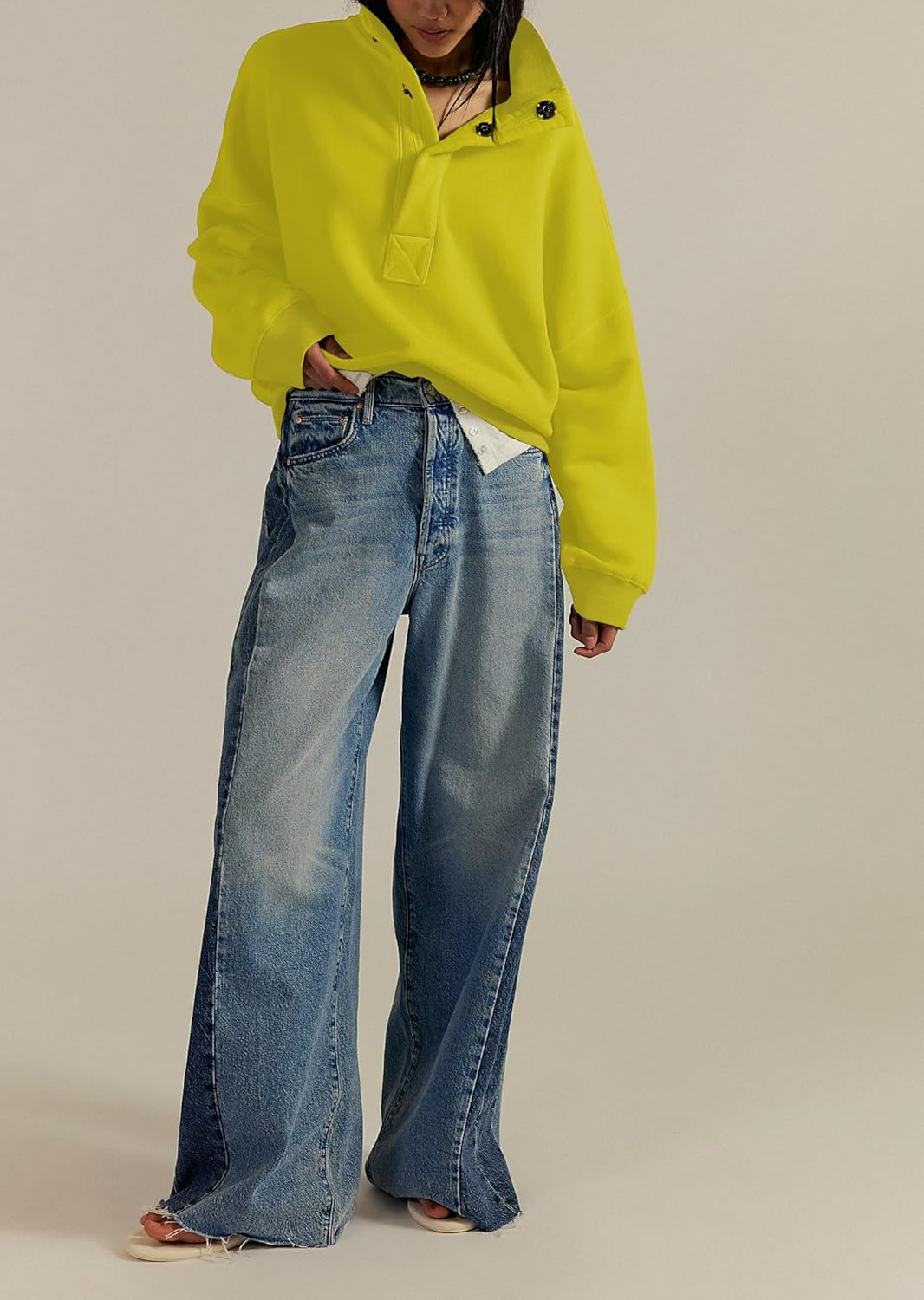 Mock Neck Sweatshirt Women Henley Pullover Tops Oversized Button Fleece Mockneck Sweatshirt 2026 Casual Trendy Clothes