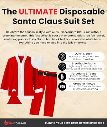 Morph Santa Claus Costume for Men Women Cost-effective Disposable Santas Claus Suit for Adults 5pc Set Christmas Bar Pub Crawl Suit Outfit Hat Belt Beard Jacket Pants Hat