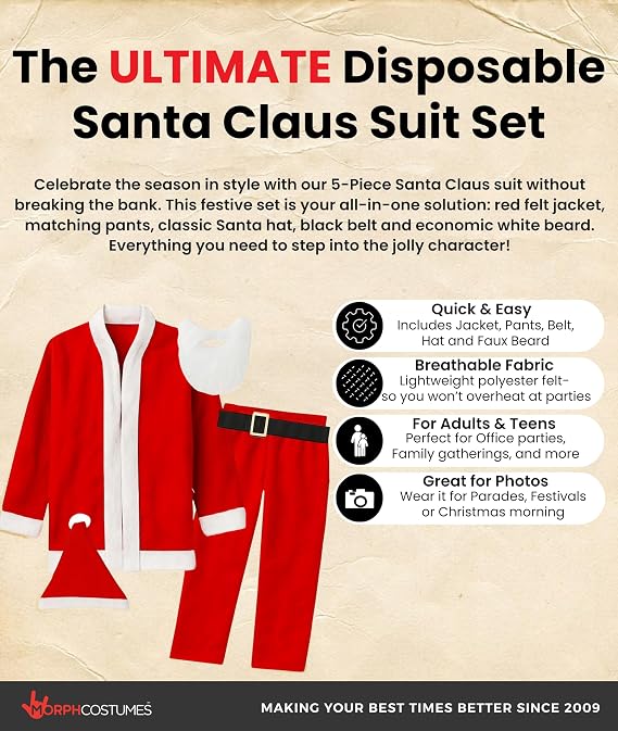 Morph Santa Claus Costume for Men Women Cost-effective Disposable Santas Claus Suit for Adults 5pc Set Christmas Bar Pub Crawl Suit Outfit Hat Belt Beard Jacket Pants Hat