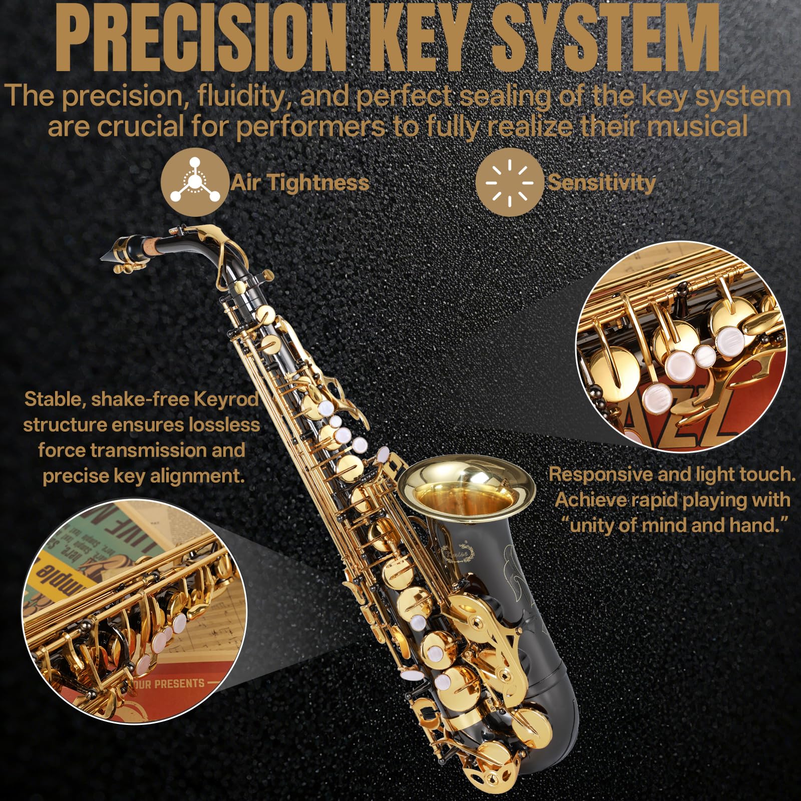 Kmise E Flat - Saxofón alto, saxofones ligeros para estudiantes principiantes, kit completo con funda portátil, soporte para saxofón, correa, lengüetas, guías para principiantes, silencio, kit de