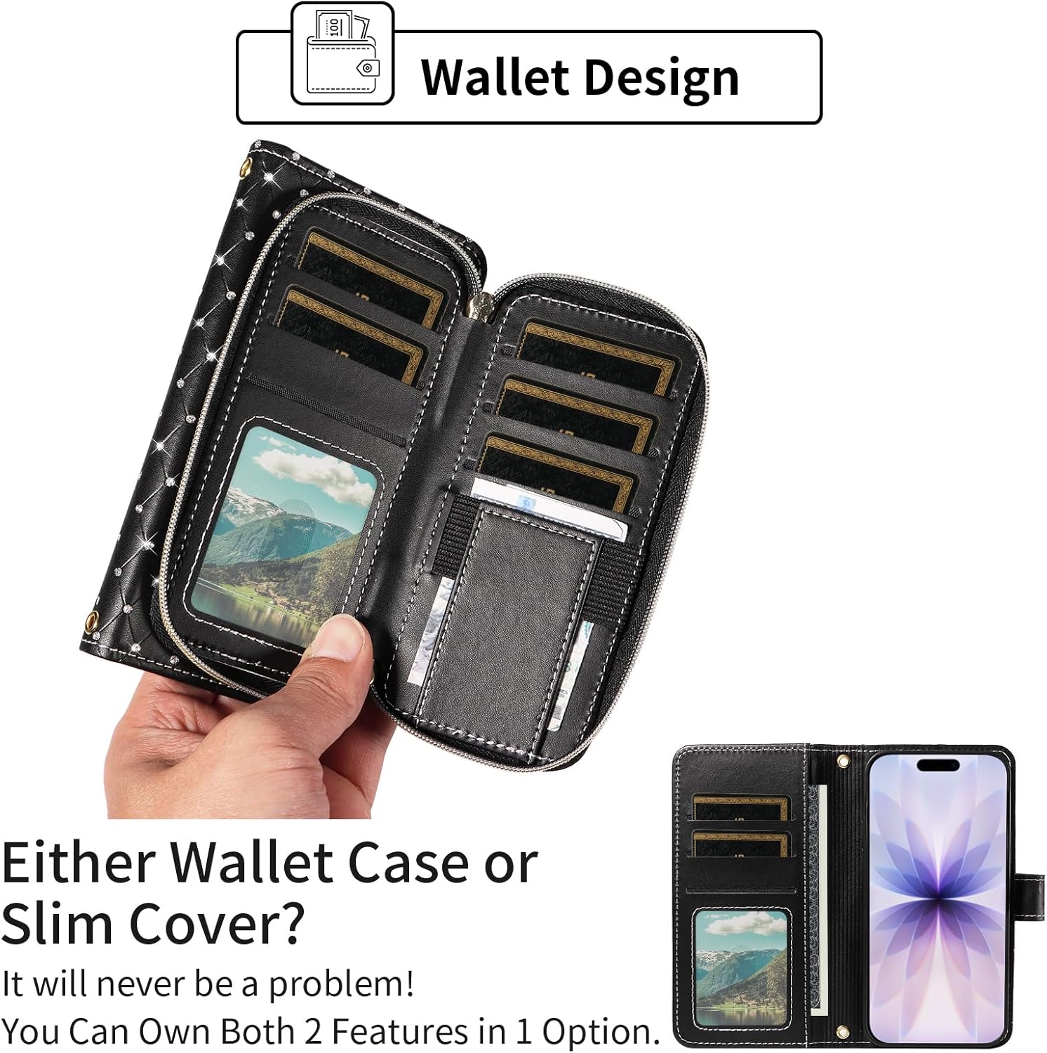 Phone Cover for iPhone 17 6.3 inch Wallet Case Cell Zipper with Tempered Glass Screen Protector Crossbody Lanyard Strap Bling Glitter Flip Card Holder Slot i Phone17 i17 17Case Women Girls Black
