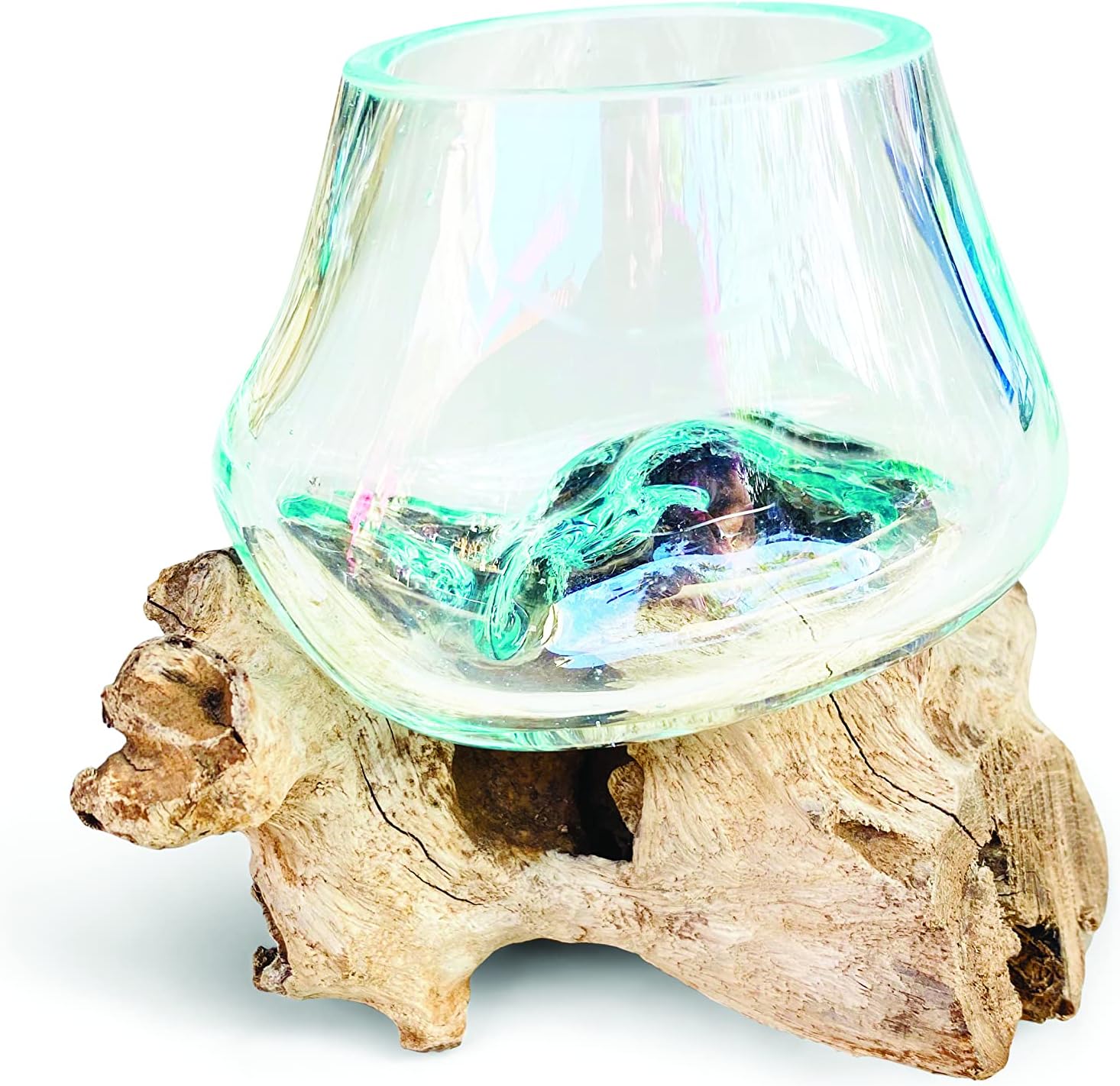 Molten Glass Round Bowl on Rustic Drift Wood Root Base Stand Home Decoration Gift
