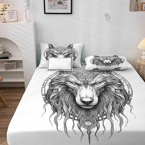 Miniatura 2 de Sábanas de lobo tamaño King, sábanas de animales vikingos, juego de sábanas y fundas de almohada de 4 piezas, sábana bajera ajustable de microfibra