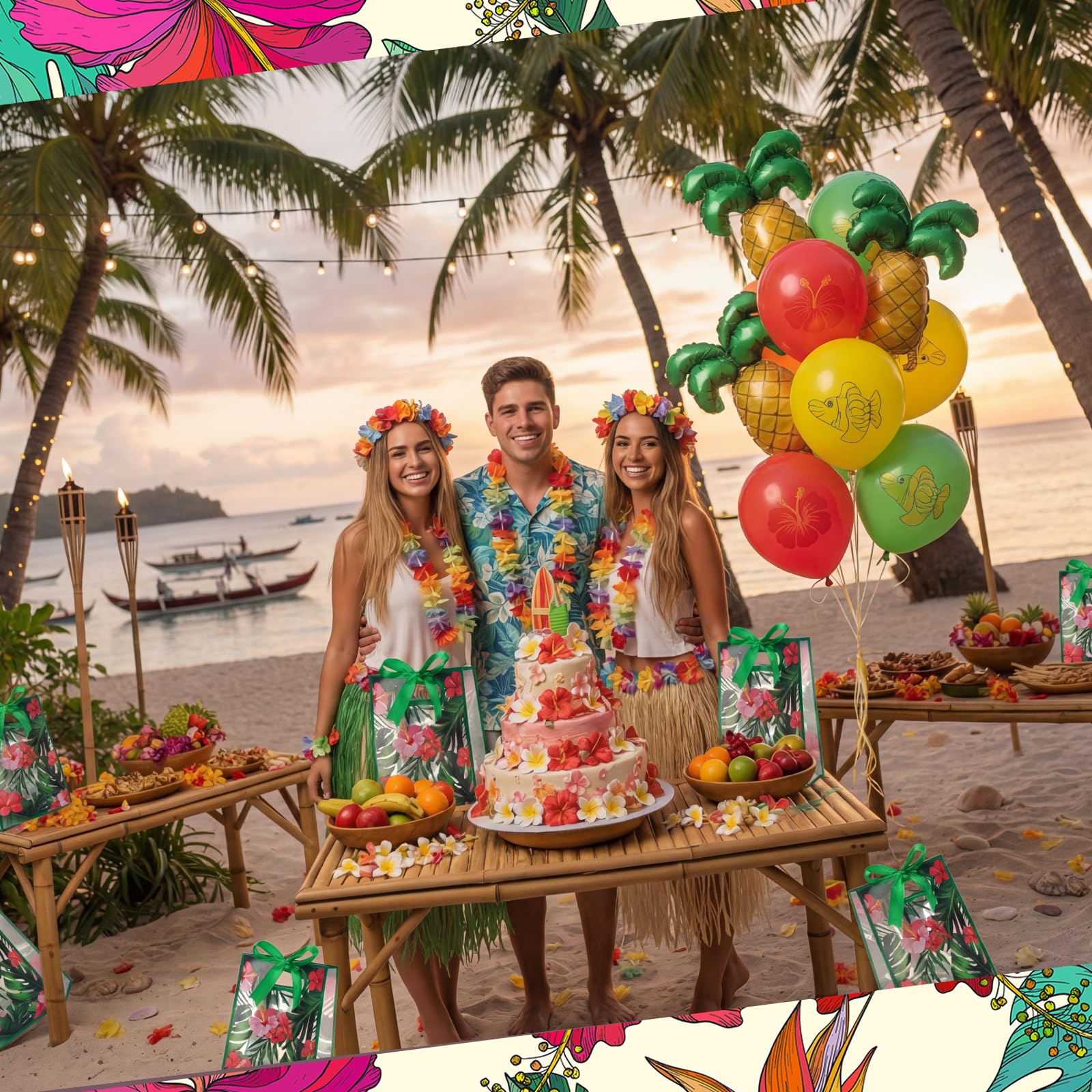 Geyoga 24 Pcs Hawaii Aloha Gift Bags with Handles 7x10x3.15 Inch Tropical Luau Clear Reusable PVC Gift Bag with Ribbon for Women Wedding Birthday Baby Shower Bridal Shower Summer Spring Party Supplies