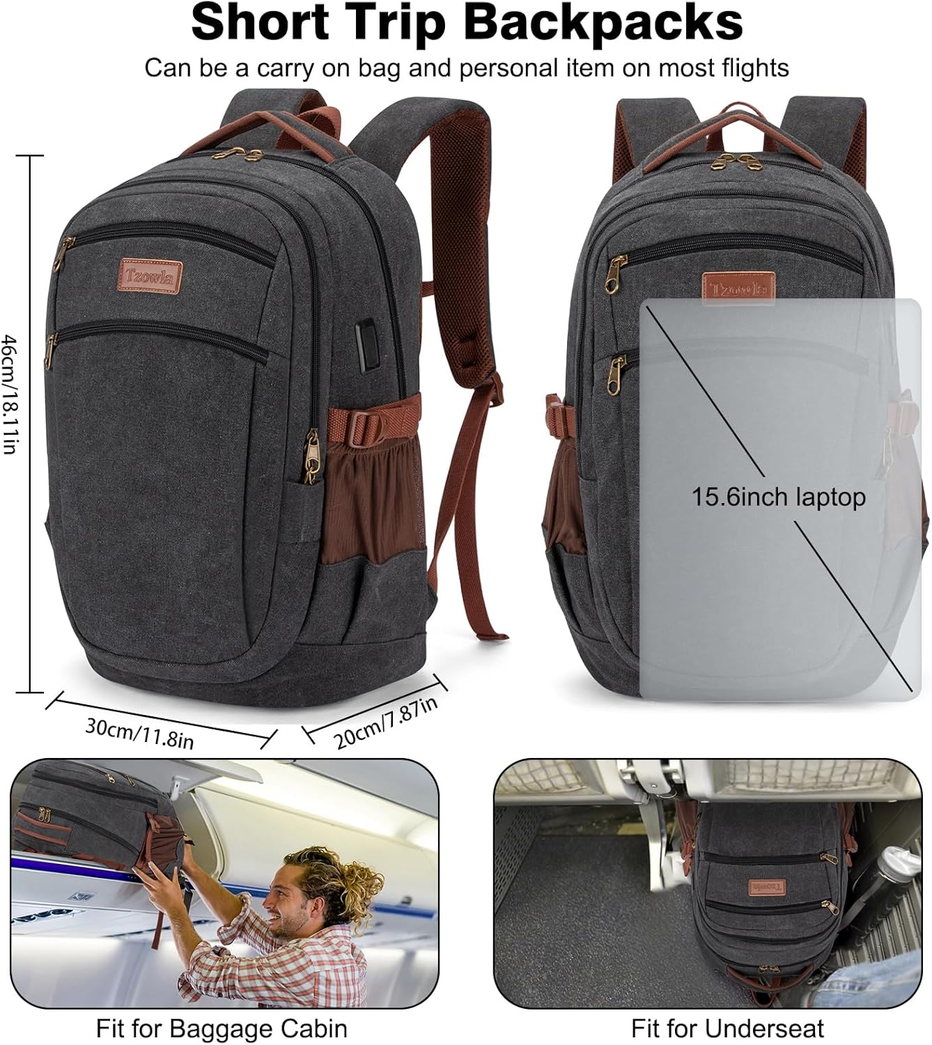 Tzowla Vintage Canvas Laptop Backpack for Men and Women,College Travel Work Rucksack with USB/Type-C Charging Port,Lightweight Bookbag Hiking Casual Daypack Backpacks Fit 15.6 Inch Notebook(Black) - Image 6