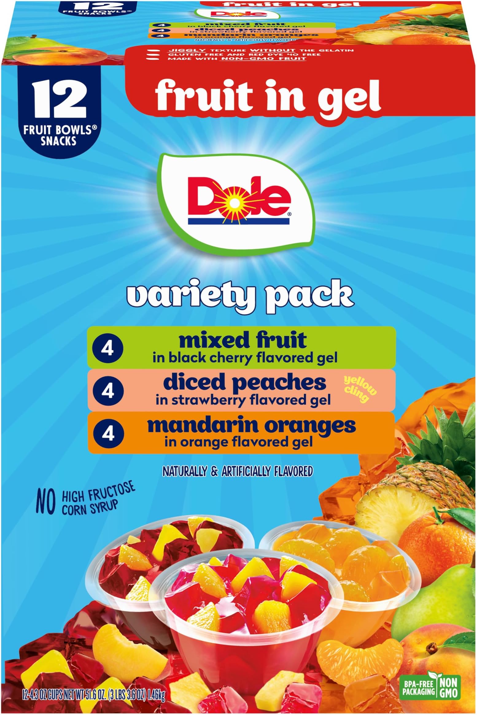 Diced Peaches, Mandarin Oranges, and Mixed Fruit in Gel Variety Pack - Dole Fruit Bowls Snacks - 4.3 oz Bowls - 12 Pack