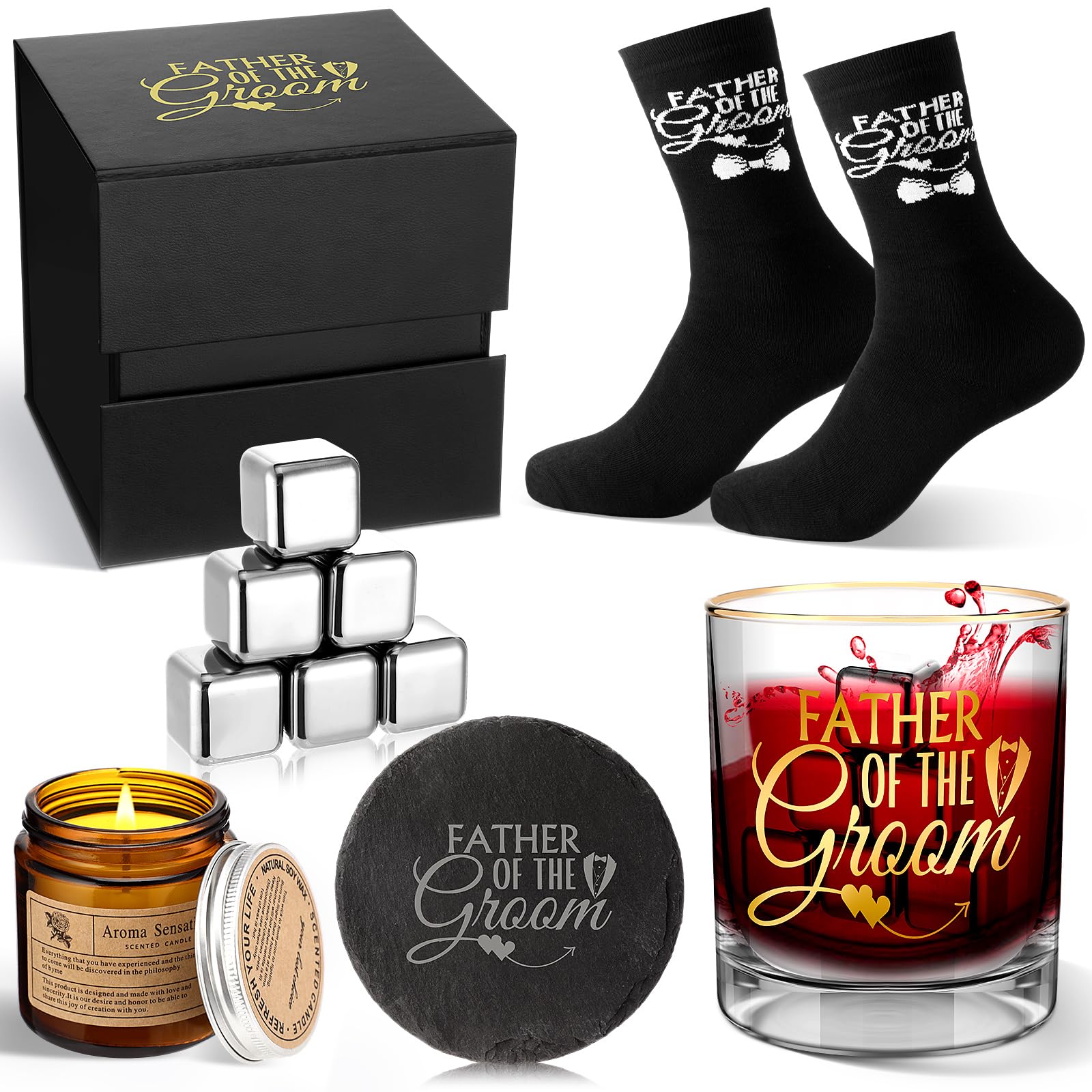 Reallnaive Wedding Gift Box for Father of the Bride or Groom - 10oz Whiskey Glass, Engraved Coaster, Stainless Steel Ice Cubes, Cotton Socks and