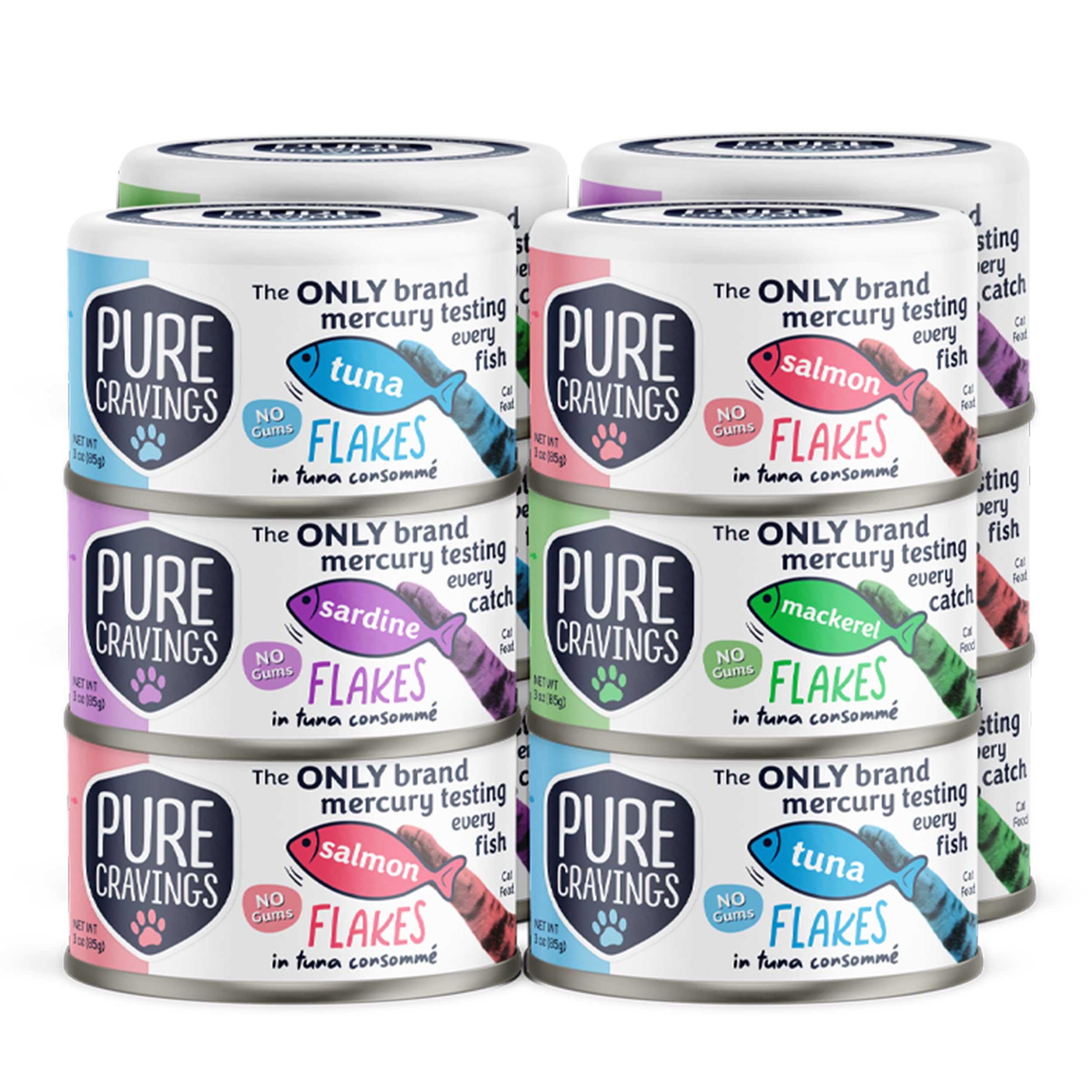 Pure Cravings Flakes in Tuna Consommé, Canned Wet Cat Food Soup, 100% Mercury-Tested, Moist Can Fish, Grain-Free Protein, Non-GMO, 3oz, Variety Pack