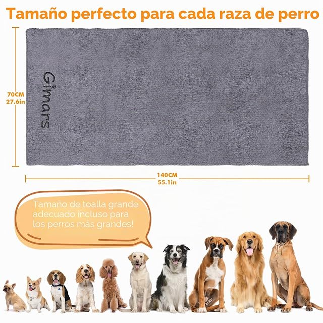Foto 2 de 7 de Gimars Toalla de Perro 140x70 cm de Microfibra, súper Absorbente, Secado rápido, Grande, para Perros Grandes