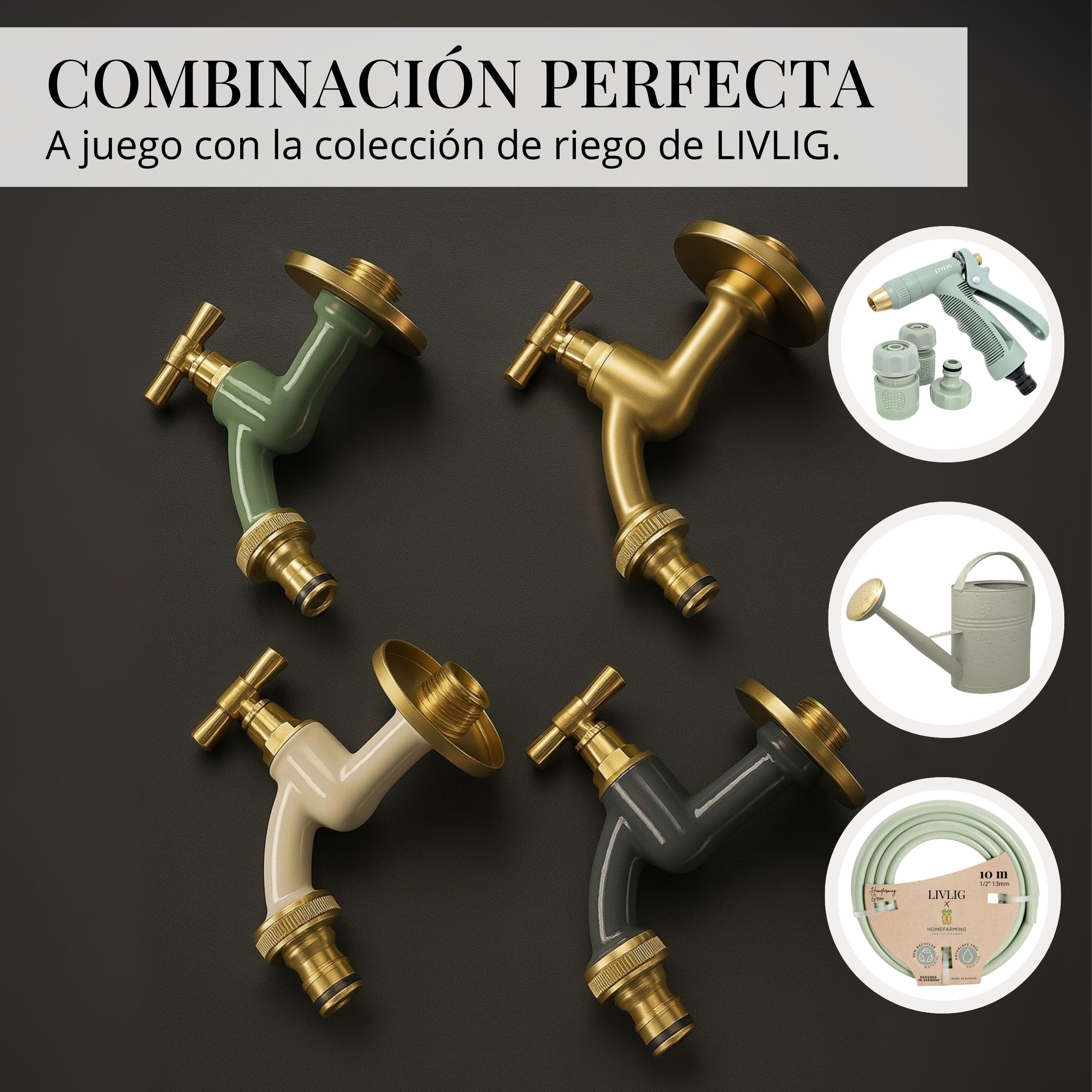 LIVLIG Grifo exterior con conexión roscada para manguera de 1/2", grifo dorado, grifo para jardín de latón, grifo de agua fría con conexión a pared de 1/2", Polly