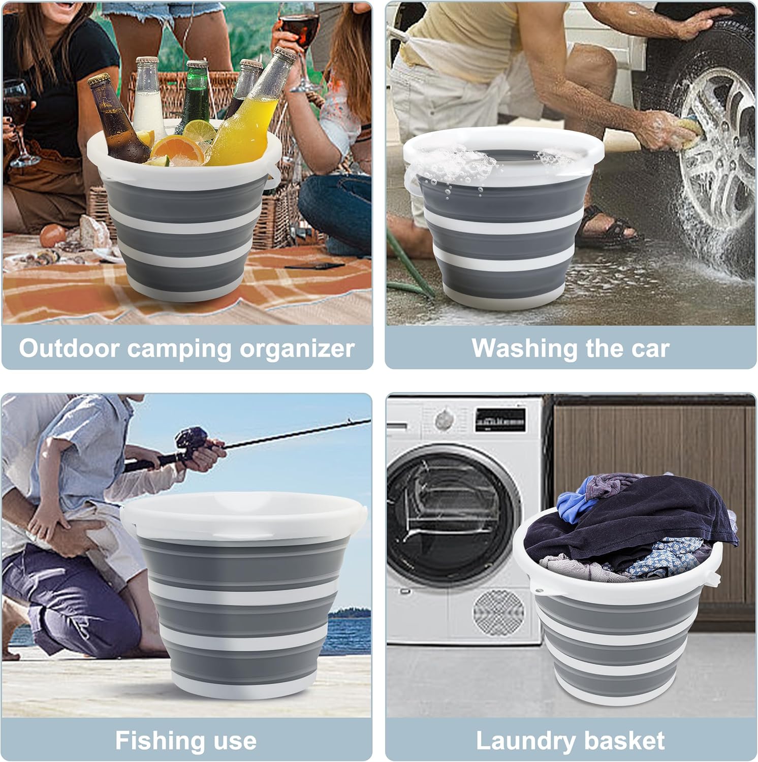 Goderewild 2 Pack Collapsible Bucket, 2.6 Gallon (10L) - Foldable Mop Bucket for House Cleaning, Car Washing, Camping - Portable Water Pail for Outdoor, RV, Travel (Grey, Round)