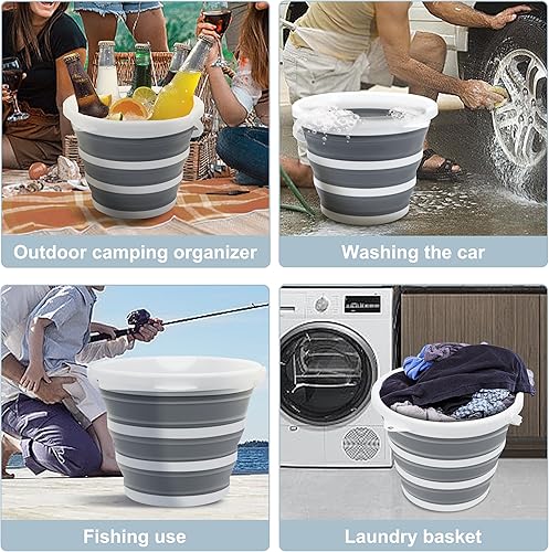 Miniatura 23 de Paquete de 2 cubos plegables pequeños, 1.4 galones/5 litros sin BPA, cubos de agua plegables para lavado de autos, campamento, playa, juego de Gris