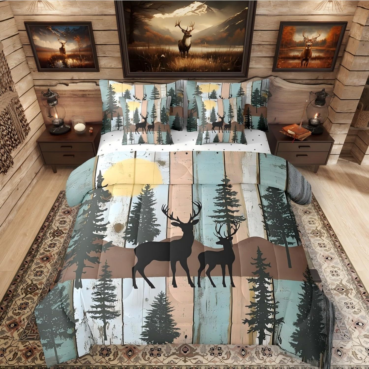 Elk Deer Full Size Bed Sheets and Comforter Set, Christmas Reindeer Pine Trees 7 Piece Bedding Set Farmhouse Decor Rustic Barn Door Bed in a Bag, Retro Countryside Rural Hunting Bed Sets, Brown Teal