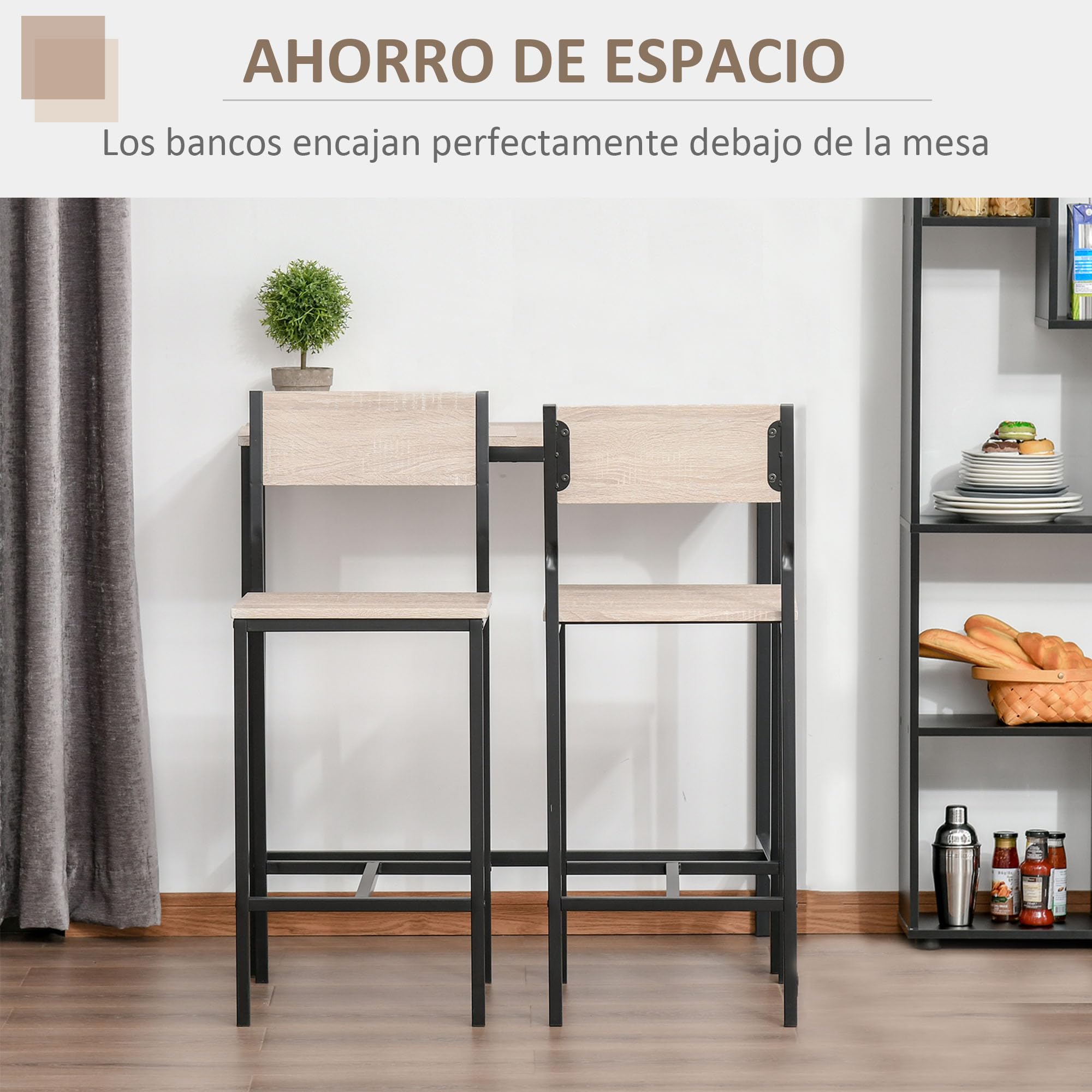 HOMCOM Conjunto Mesa Alta de Cocina con 2 Taburetes, Mesa de Bar Alta, Ahorro de Espacio, para Pisos Pequeños, Comedor, Balcón o Isla Cocina, Estilo Industrial, 89x45x87 cm, Natural y Negro