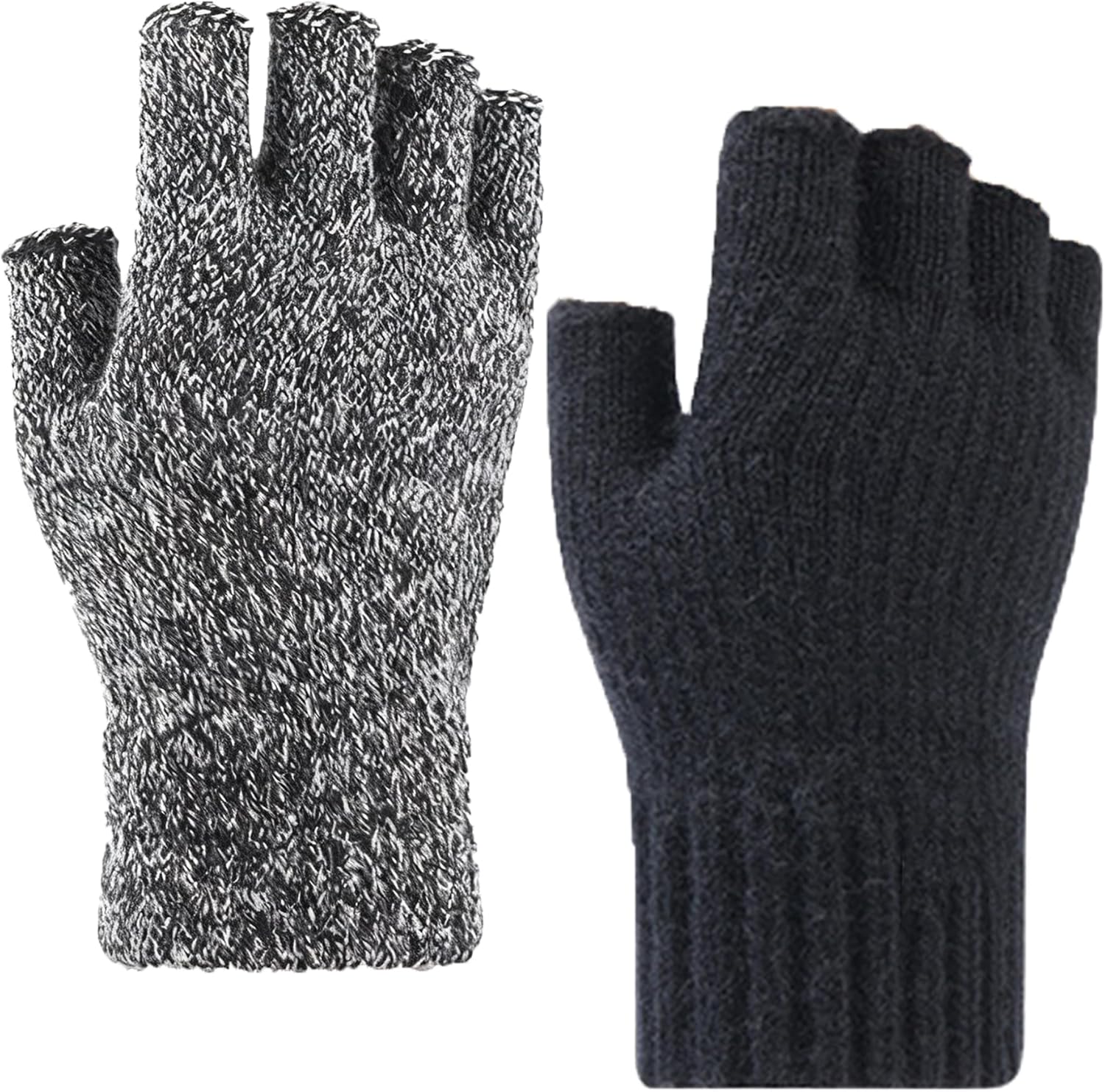 2 Pairs Winter Fingerless Gloves for Women Men Half Finger Warm Touchscreen Knit Stretchy Mittens Typing Gloves, Black&Heather Gray, Medium