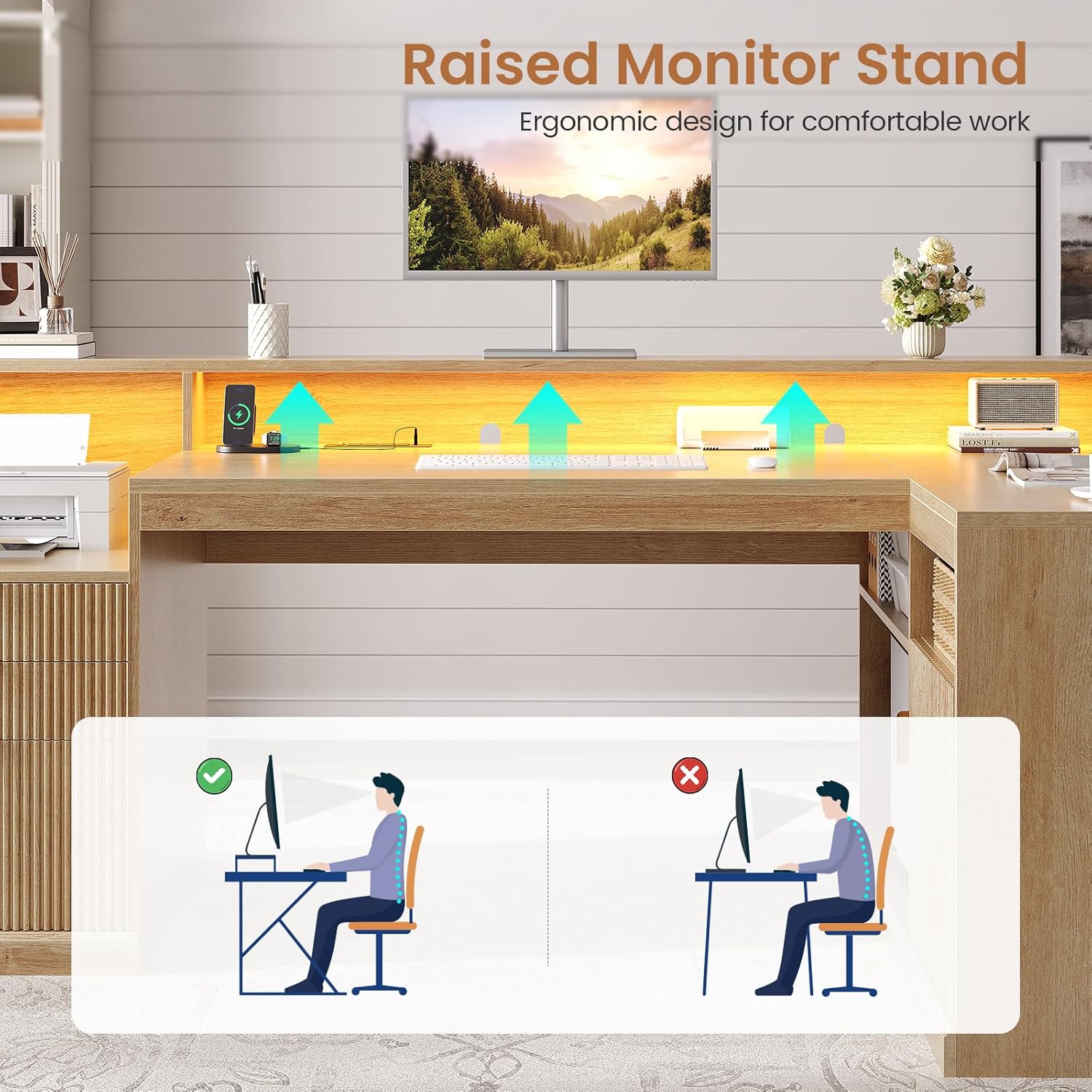 64" L Shaped Computer Desk with File Storage, Home Office Desk with LED Lights, Executive Desk with CPU & Printer Stand, Outlets for PC, Heightened Monitor Stand, Adjustable Shelf, Home Office