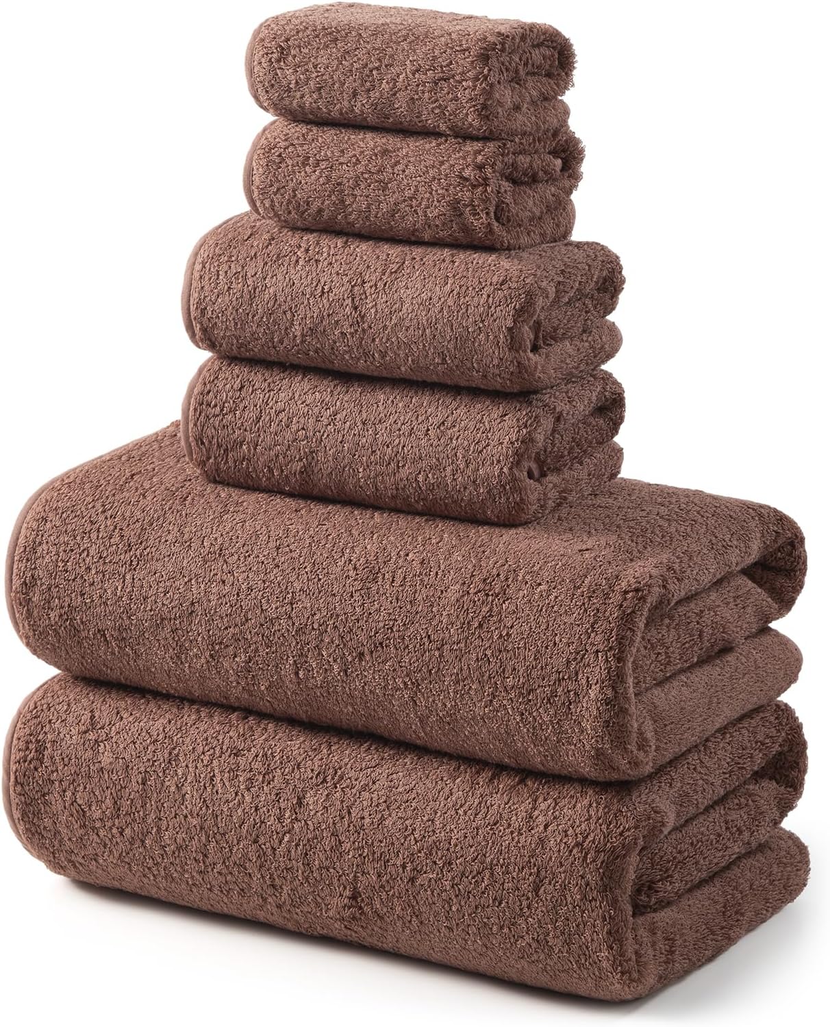 REDKISS 6-Piece Thick Bath Towel Set, Highly Absorbent Terry Cotton Towels for Bathroom, 2 Bath Towels, 2 Hand Towels, 2 Washcloths​​-Brown