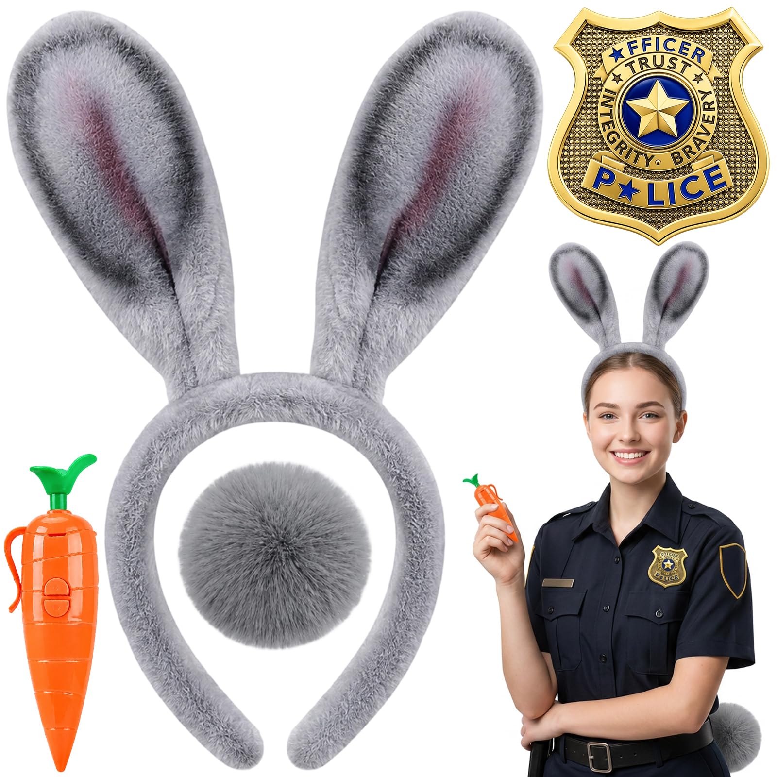 Bunny Ears, Halloween Costumes, 4 PCS Set Rabbit Ears Tail Badge Carrot Pen