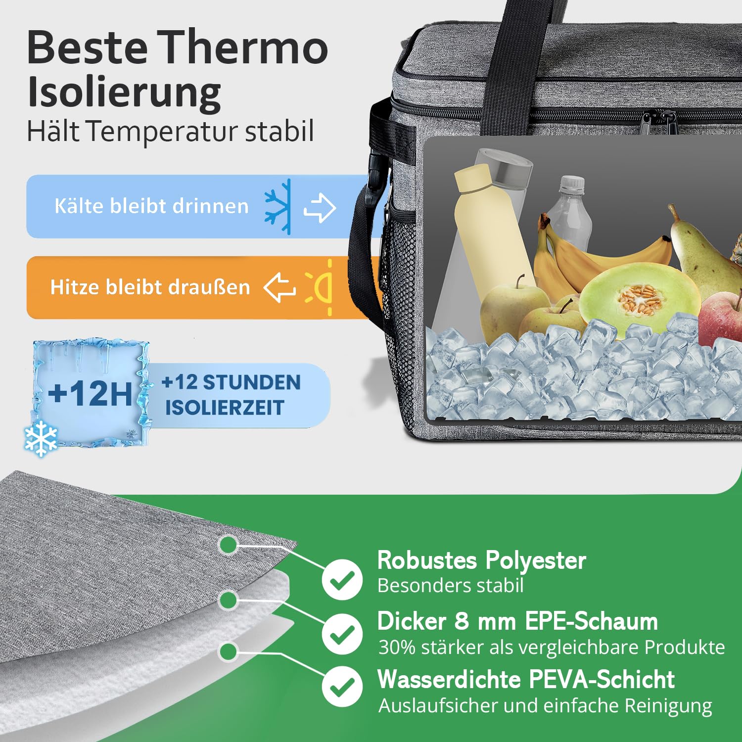 COTTARA® Faltbare Kühltasche groß 30L wasserdicht +12h Frische extra stark isolierte Kühltasche faltbar – Kühlbox, Cooler bag, Lunch bag, Isoliertasche, Thermotasche Picknicktasche – Grau