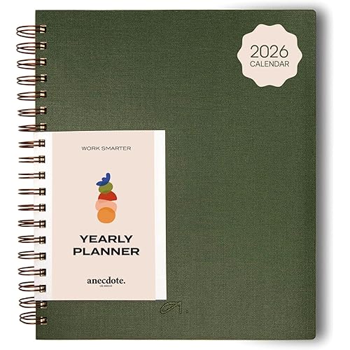 Anecdote 2026 Planner (8.5" x 10") Daily Planner Weekly Monthly Planner - 52 Weeks w/Library Buckram Cover, Brass Spiral - A4 Size Bleed-Resistant Paper – Evergreen