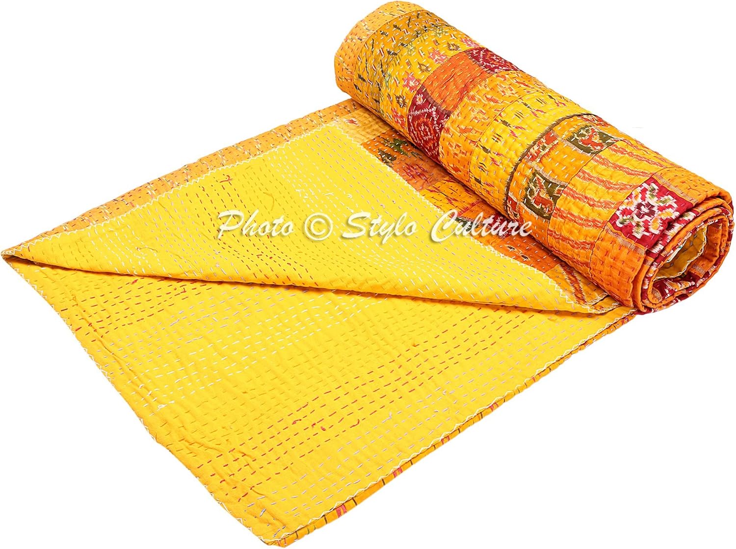 Amazon.co.jp インドKanthaキルトクイーンKanthaスロー毛布イエローPatolaシルクパッチワークリバーシブルエスニック