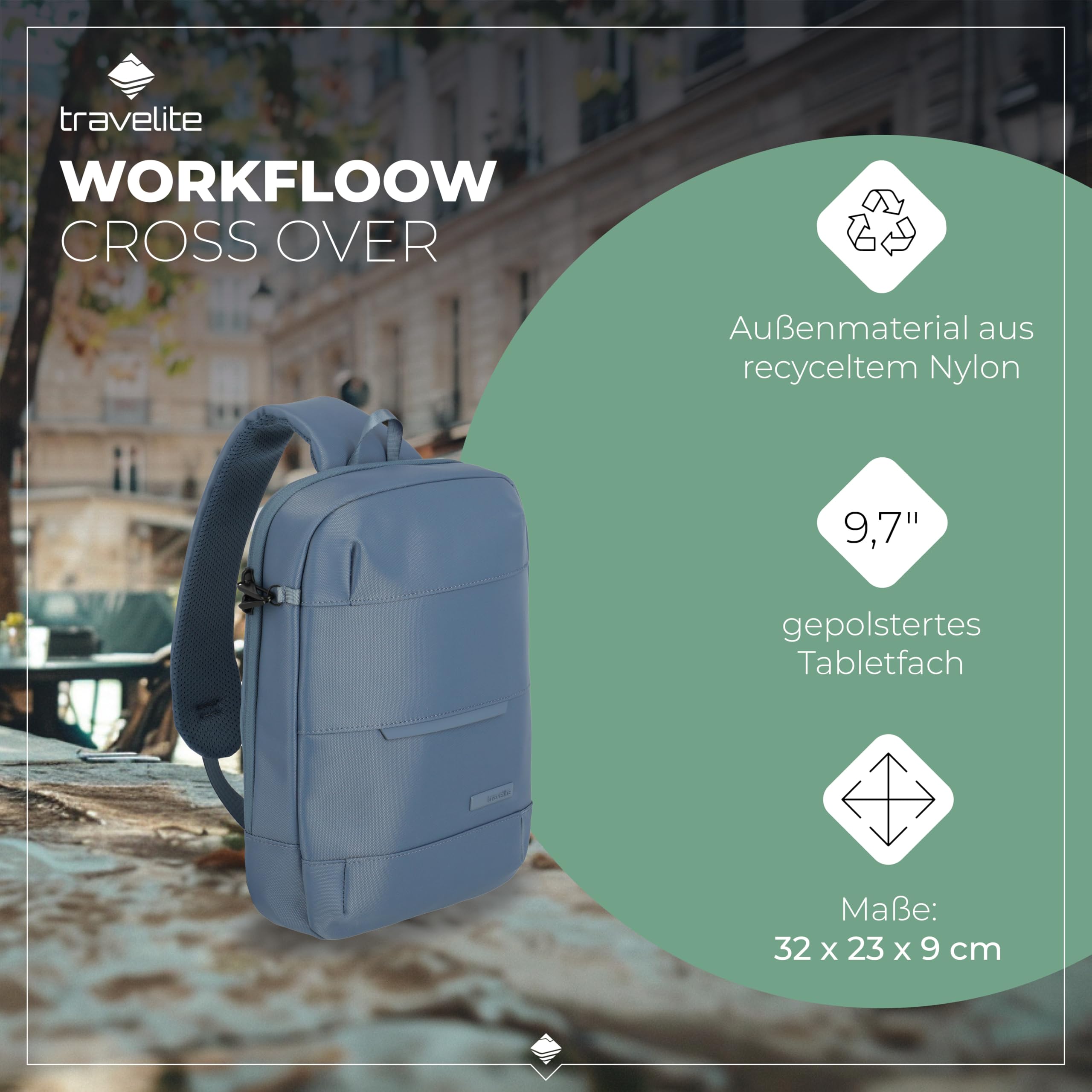 Travelite Cross Body Bag, WORKFLOW Umhängetasche aus recyceltem Material mit Sicherheitsfach, Sling Bag