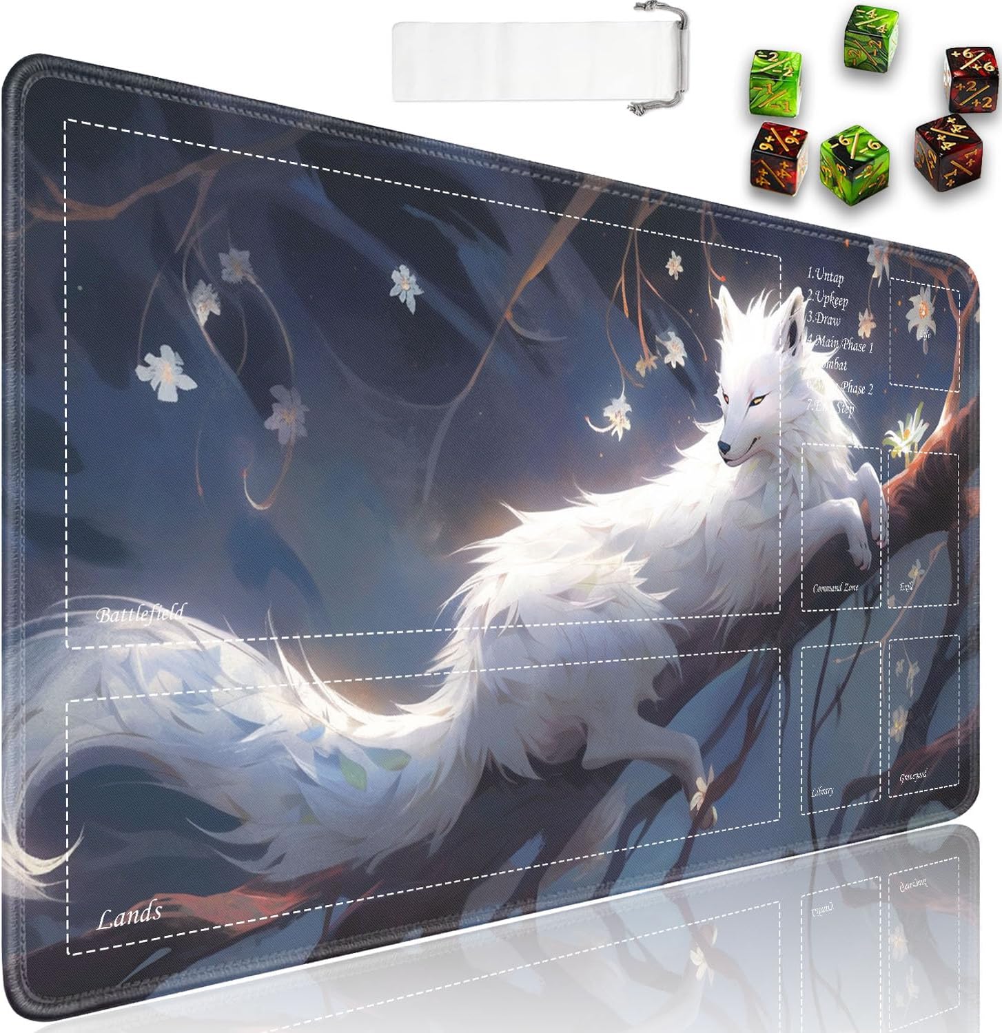 JVGFYNKL for TCG Playmat, Playmat with Zones, 24x14 in Non-Slip Rubber for MTG Playmat with Drawstring Travel Pouch and 6 Dice, Arctic Fox for MTG Mat, Card Game Playmats