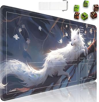 JVGFYNKL for TCG Playmat, Playmat with Zones, 24x14 in Non-Slip Rubber for MTG Playmat with Drawstring Travel Pouch and 6 Dice, Arctic Fox for MTG Mat, Card Game Playmats
