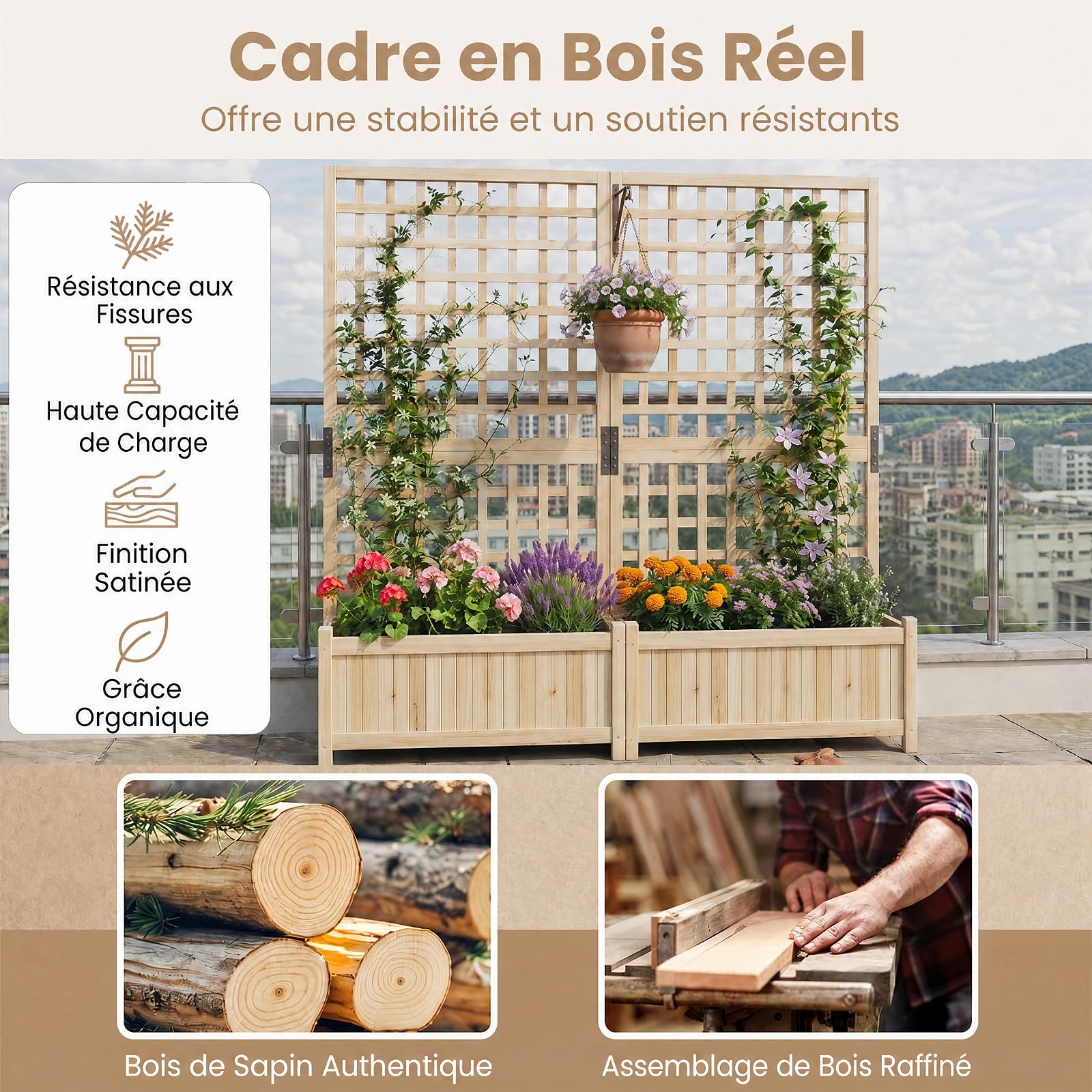 GOPLUS Jardinière avec Treillis en Bois, Jardinière Brise Vue sur Pieds, 76x32x143CM, avec Fond Amovible, 3 Trous de Drainage, Bac avec Treillis à Fleur, Plante Grimpant, pour Balcon, Jardin (Naturel)