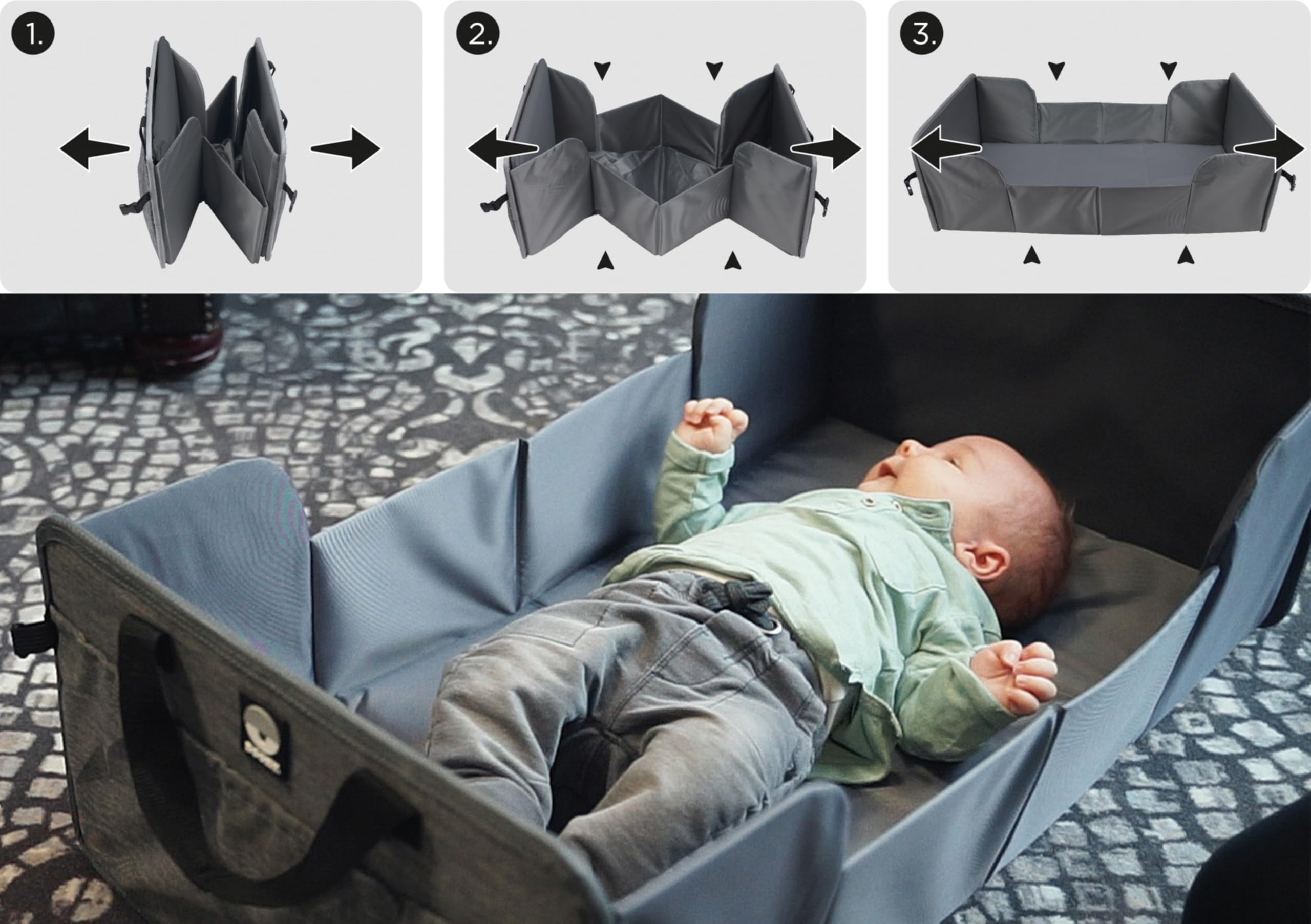 Dooky Original Traveller - lettino pieghevole per bambini - super leggero, tasche esterne, 41 x 74 cm (assemblato) /41 x 26 cm (piegato), 100% poliestere, nero