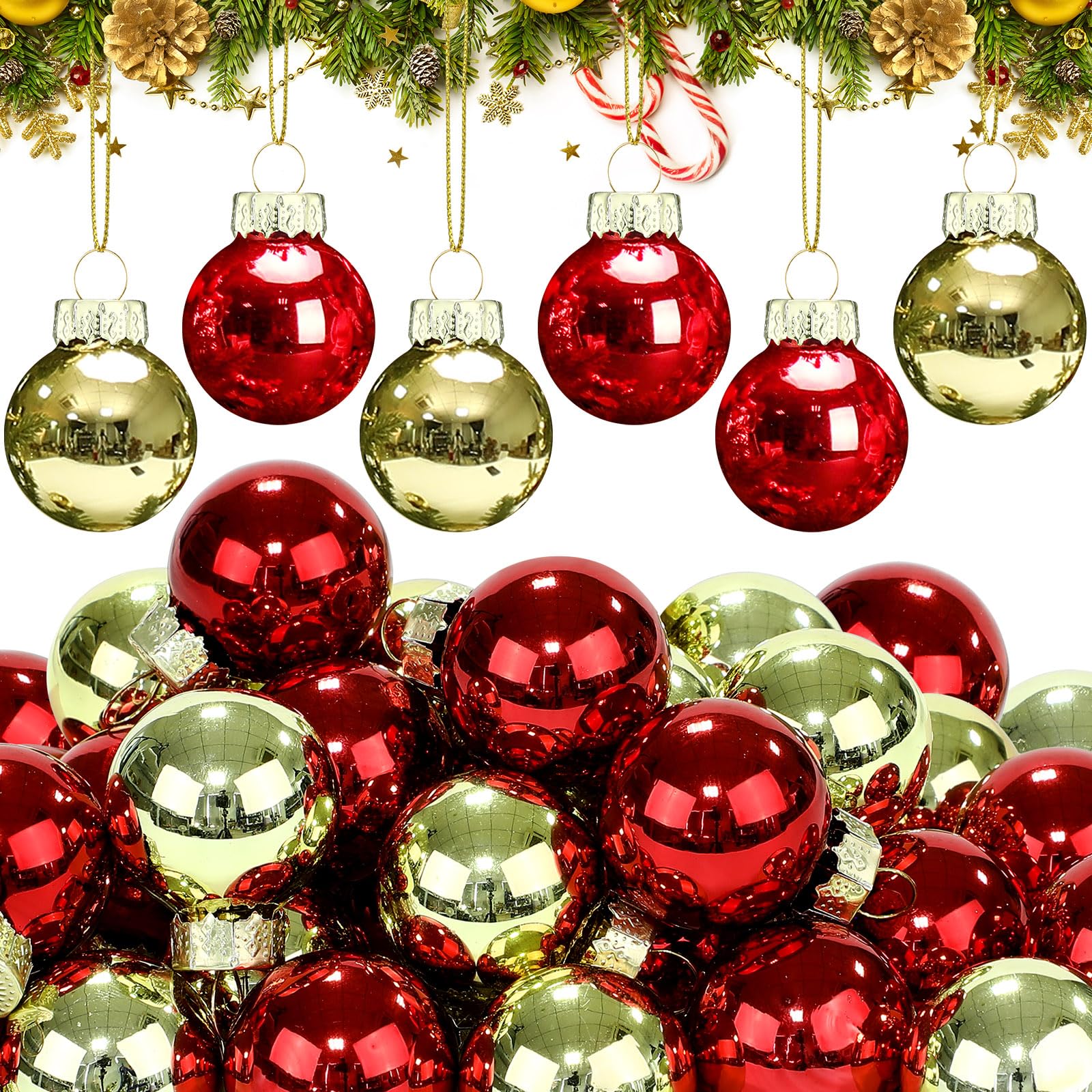 Tioncy Lot de 32 mini boules de Noël en verre brillantes de 2,5 cm - Mini boules décoratives à suspendre pour sapin de Noël - Petites boules colorées - Pendentifs pour Noël (rouge, doré)