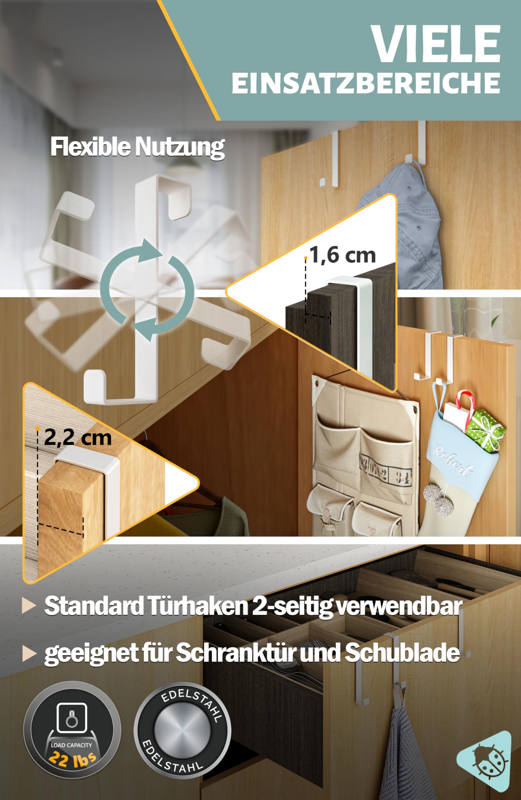 Menz Türhaken zum Einhängen, 10 Stück Set in Weiß - 5 x Standard Kleiderhaken Tür + 5 x Türhaken Innenseite, individuell verwendbar, stabile Türgarderobe, Türhakenleiste