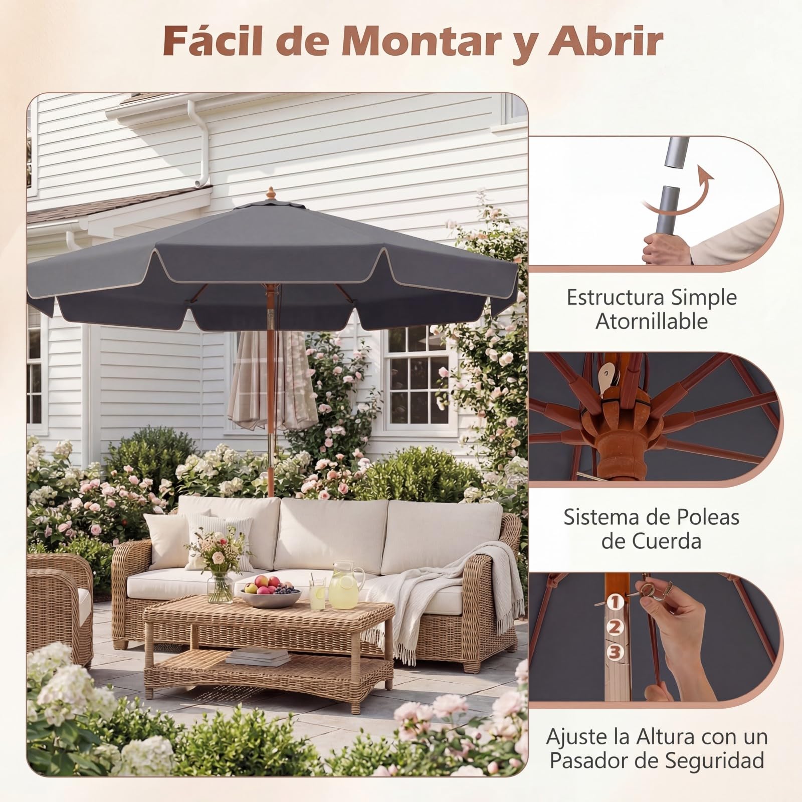 COSTWAY Sombrilla Terraza Exterior 300 cm, Parasol Jardin con Inclinación 30° en Ambos Lados, Mango de Madera, Parte Superior Ventilada, 8 Varillas, Sombrilla de Patio Jardín Playa Piscina