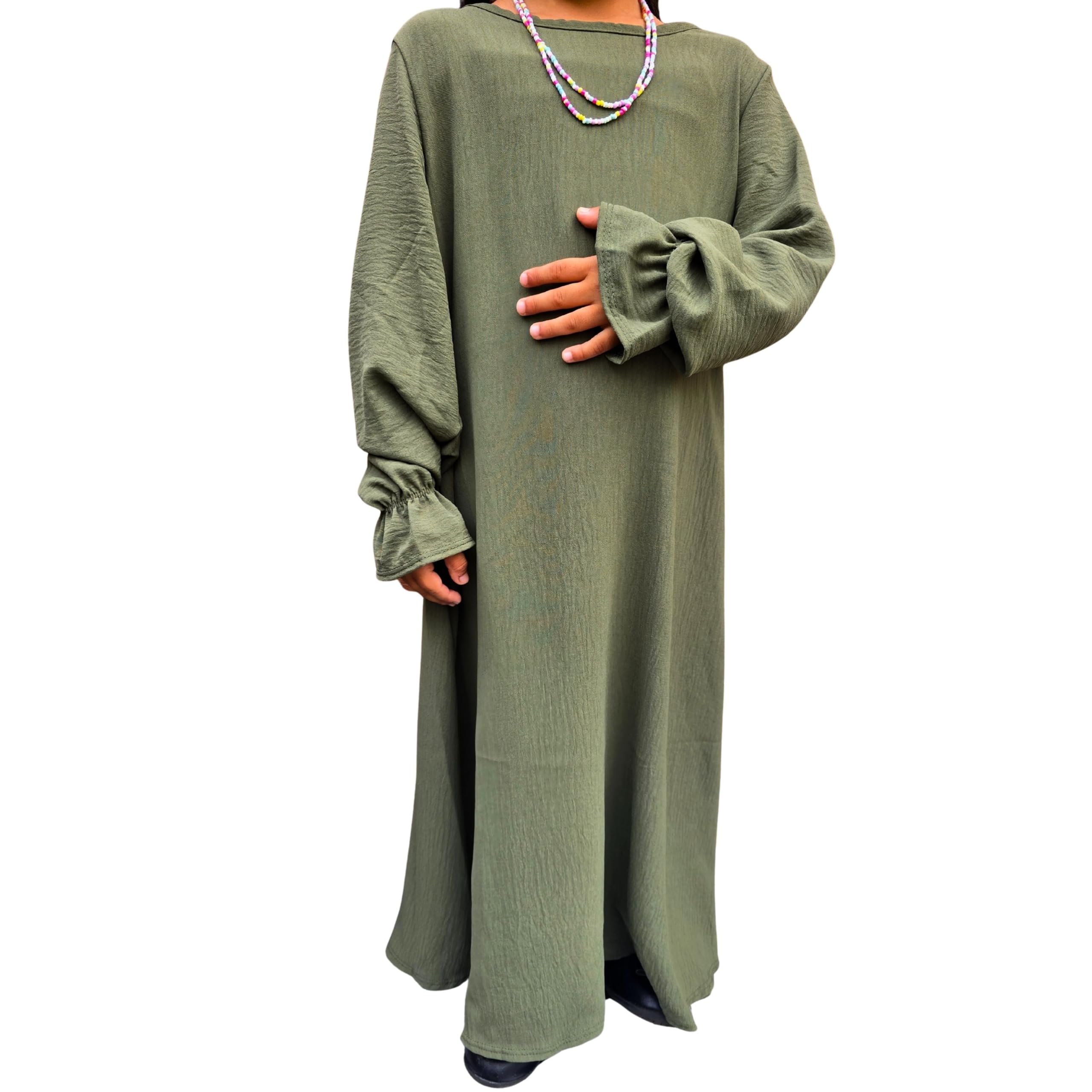 Yaqeen Girls Abaya Dress for Kids 6–12 | Islamic Modest Dress for Muslim Girls | Long Sleeve Kids Abaya | Lightweight Crepe | Prayer, Ramadan, Eid (Khaki Age 8)