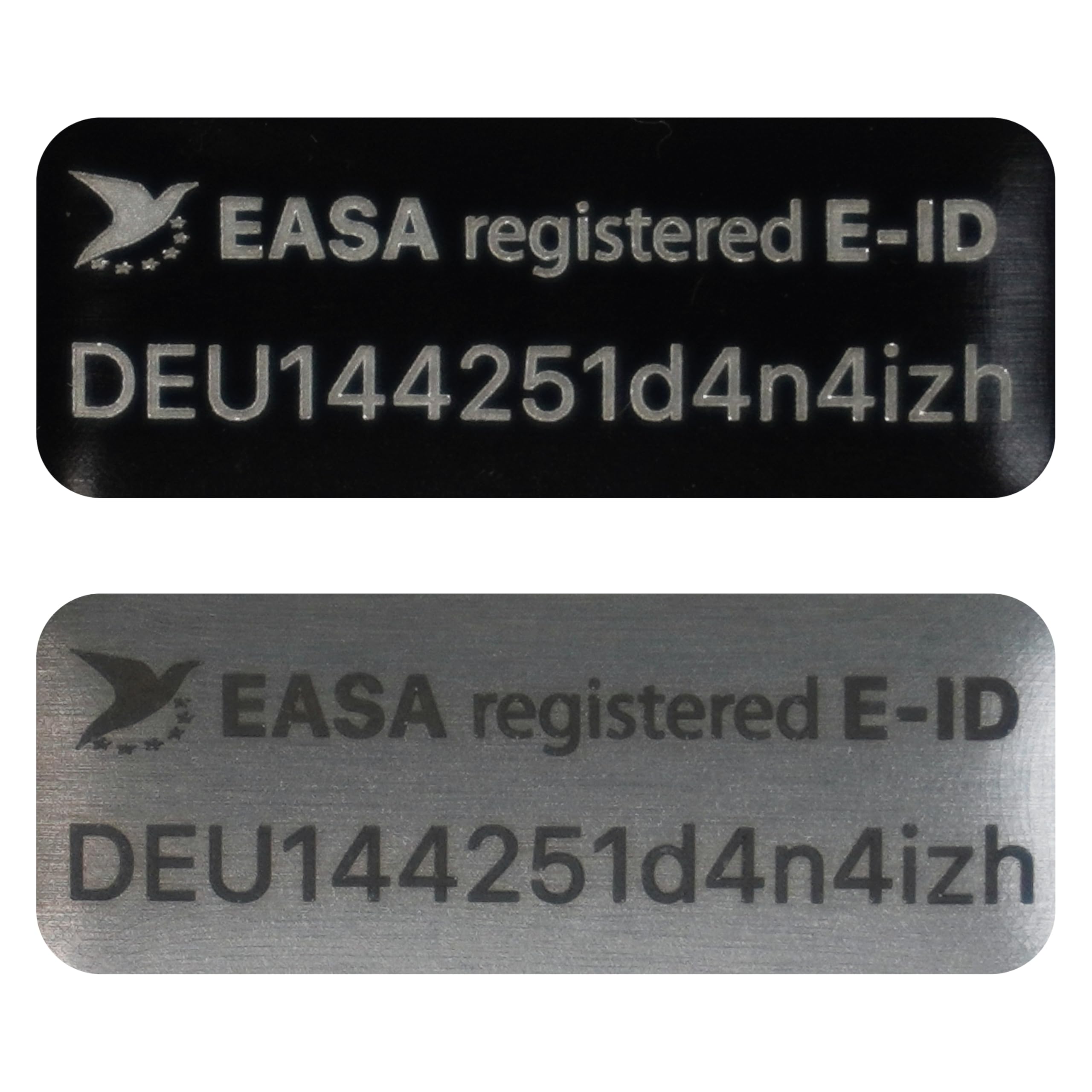 Flying-Drone – Placa identificativa para drones 20×8 mm para DJI Neo y otros modelos | negro o plata | placa de aluminio con símbolo de pájaro EASA
