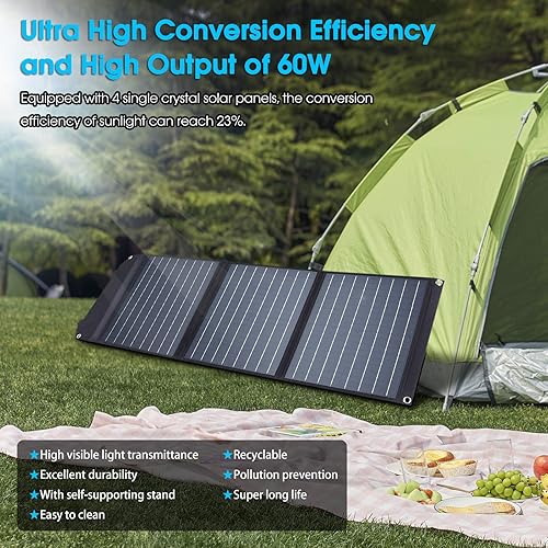 Miniatura 3 de MARBERO Panel solar portátil de 60 W, panel solar plegable de 60 vatios para generadores solares, IP65, impermeable, 23%, puerto USB de alta