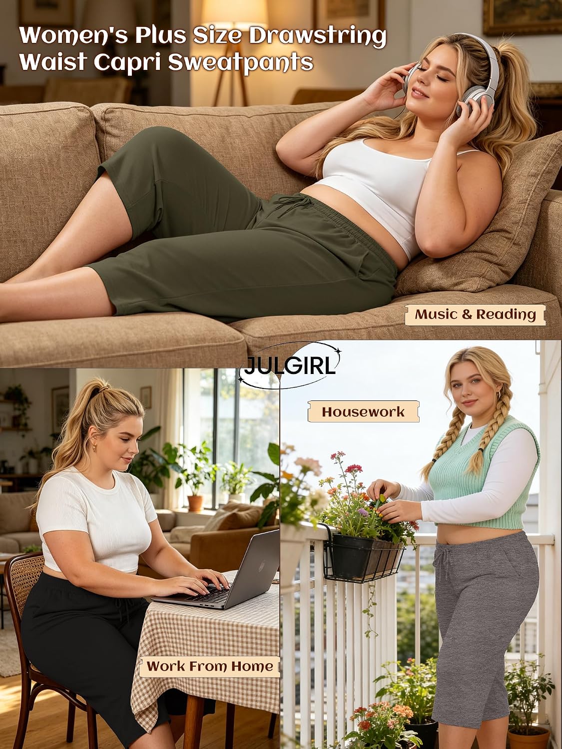 3 Pack Women's Plus Size Capri Sweatpants, Drawstring Waist Stretchy Wide Leg Yoga Cropped Lounge Pants with Pockets