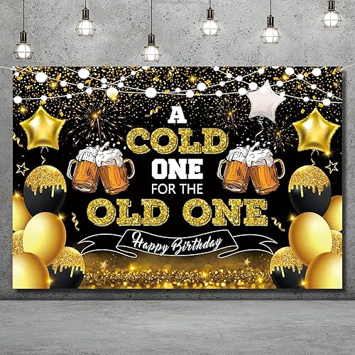 Decoraciones de fiesta de cerveza, telón de fondo de feliz cumpleaños negro y dorado para hombres, un frío para el anciano, pancarta de fondo de