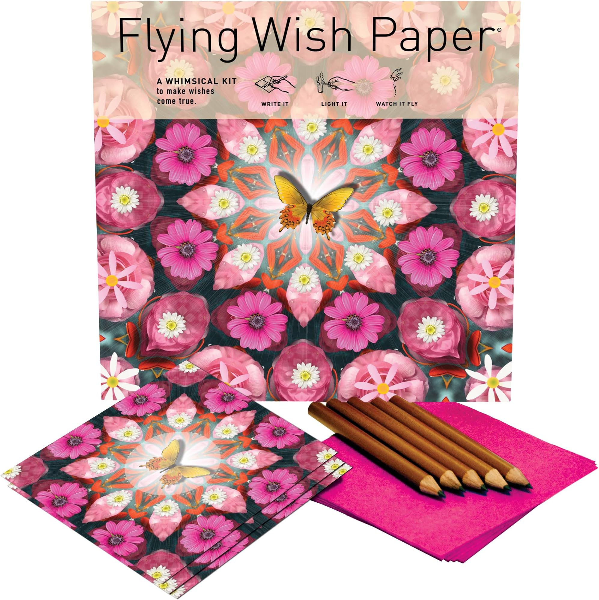 Pink Butterfly Large Wishing Kit, Transformation Activity | 50 Wishing Papers, 25 Matching Platforms, 5 Pencils, Women's Retreat, Bridal Shower, Sisterhood, New Beginnings