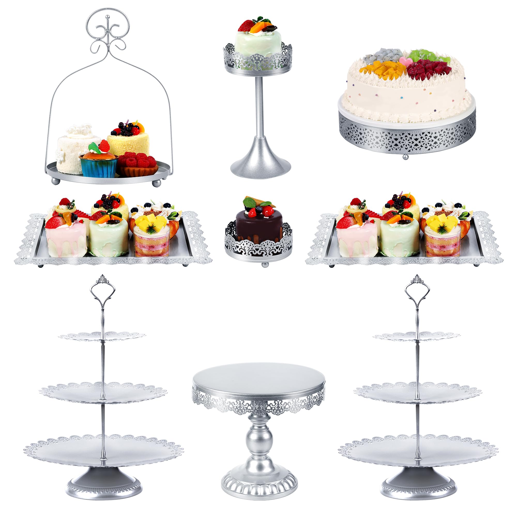 ZUMELER Alzata per torte argentata per cupcake e dessert, set di 3 vassoi a 3 livelli per biscotti e caramelle, piatti da portata per baby shower, matrimoni, tea party, 9 pezzi in metallo