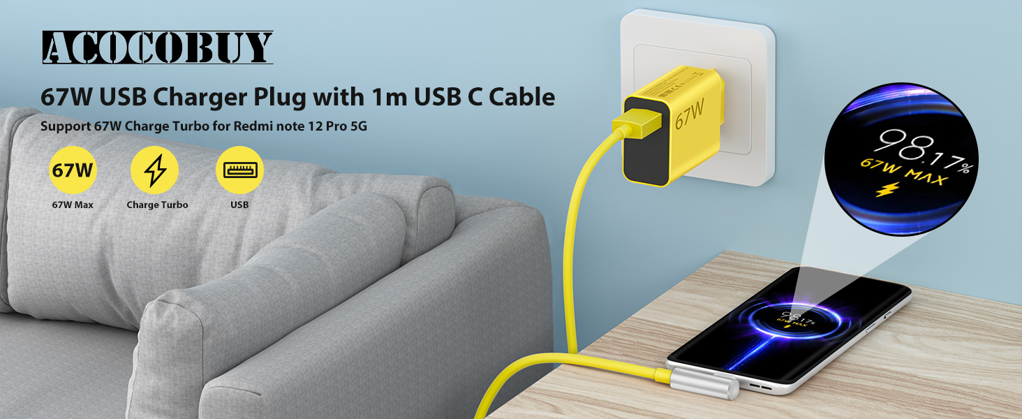 Chargeur Rapide 67W Pour Xiaomi – Avec Câble USB-C 6A 1m – Compatible Mi 14, 13, Redmi Note 13, POCO F5, Etc.